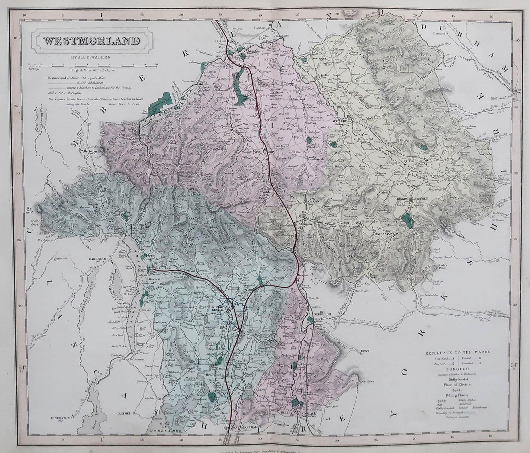 Great map of Cumbria

Original colour

By J & C Walker

Published by Longman, Rees, Orme, Brown & Co. 1851

Unframed.




