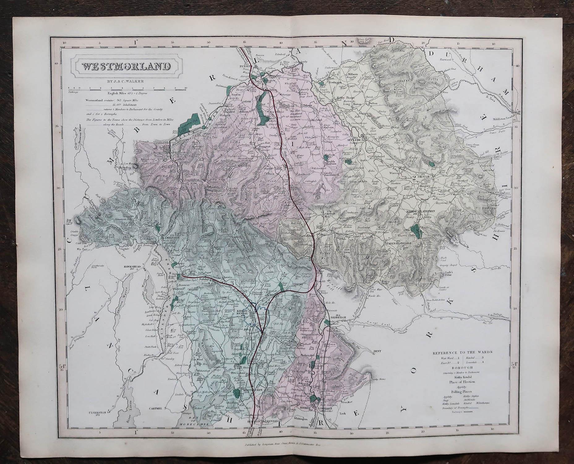 Other Original Antique English County Map, Cumbria, J & C Walker, 1851