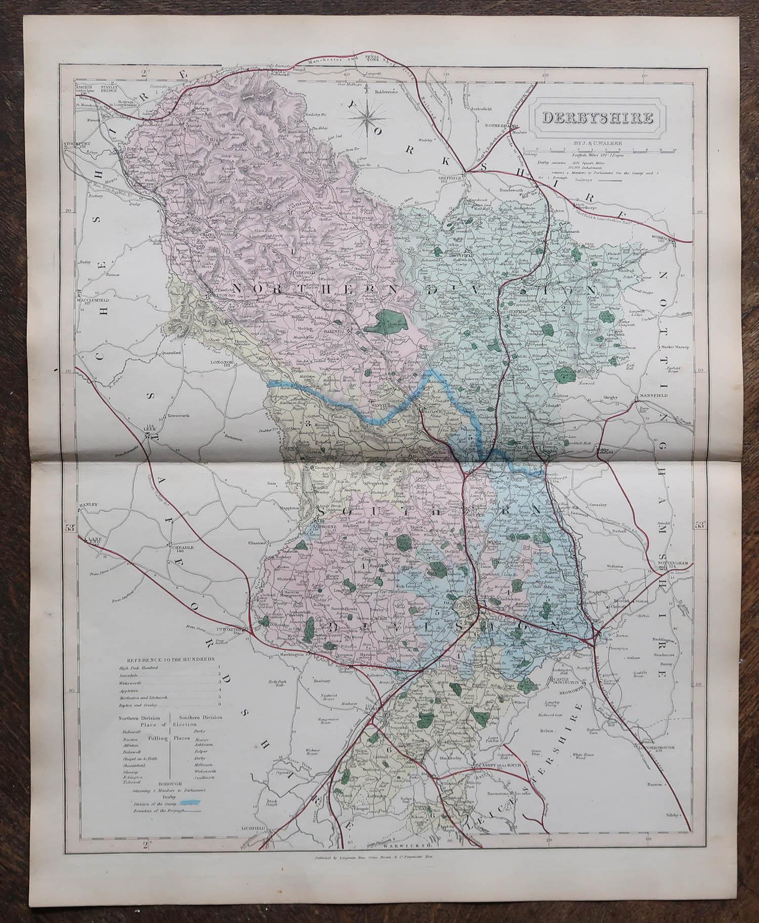 Antike englische Grafschaftskarte, Derbyshire, J & C Walker, 1851 (Sonstiges) im Angebot