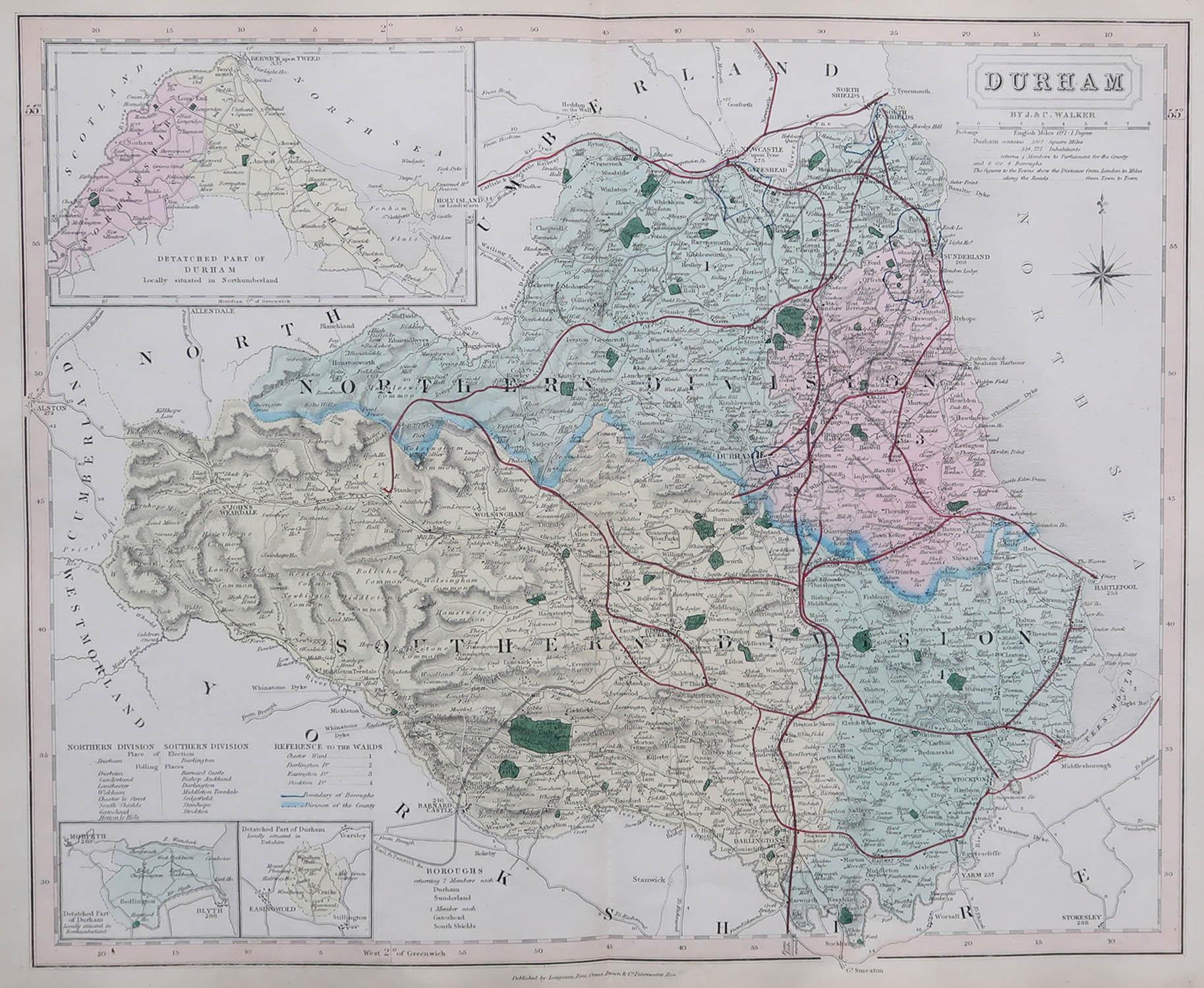 Great map of Durham

Original colour

By J & C Walker

Published by Longman, Rees, Orme, Brown & Co. 1851

Unframed.




