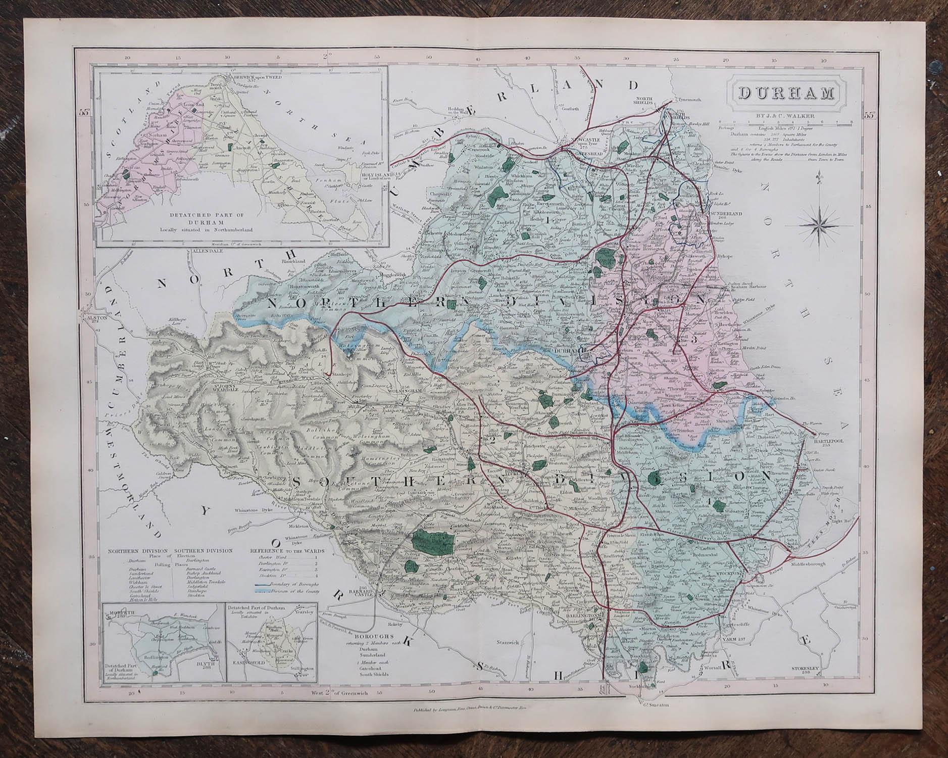 Antike englische Grafschaftskarte, Durham, J & C Walker, 1851 (Sonstiges) im Angebot