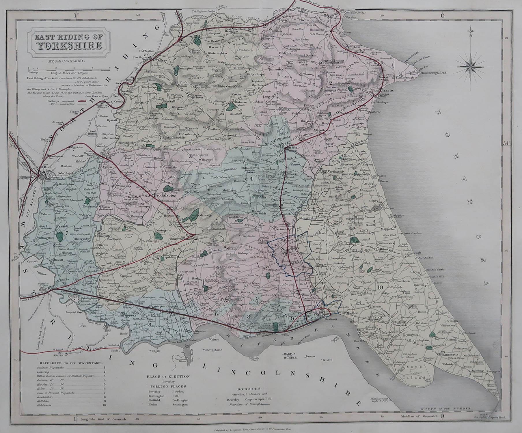 Great map of The East Riding of Yorkshire

Original colour

By J & C Walker

Published by Longman, Rees, Orme, Brown & Co. 1851

Unframed.




