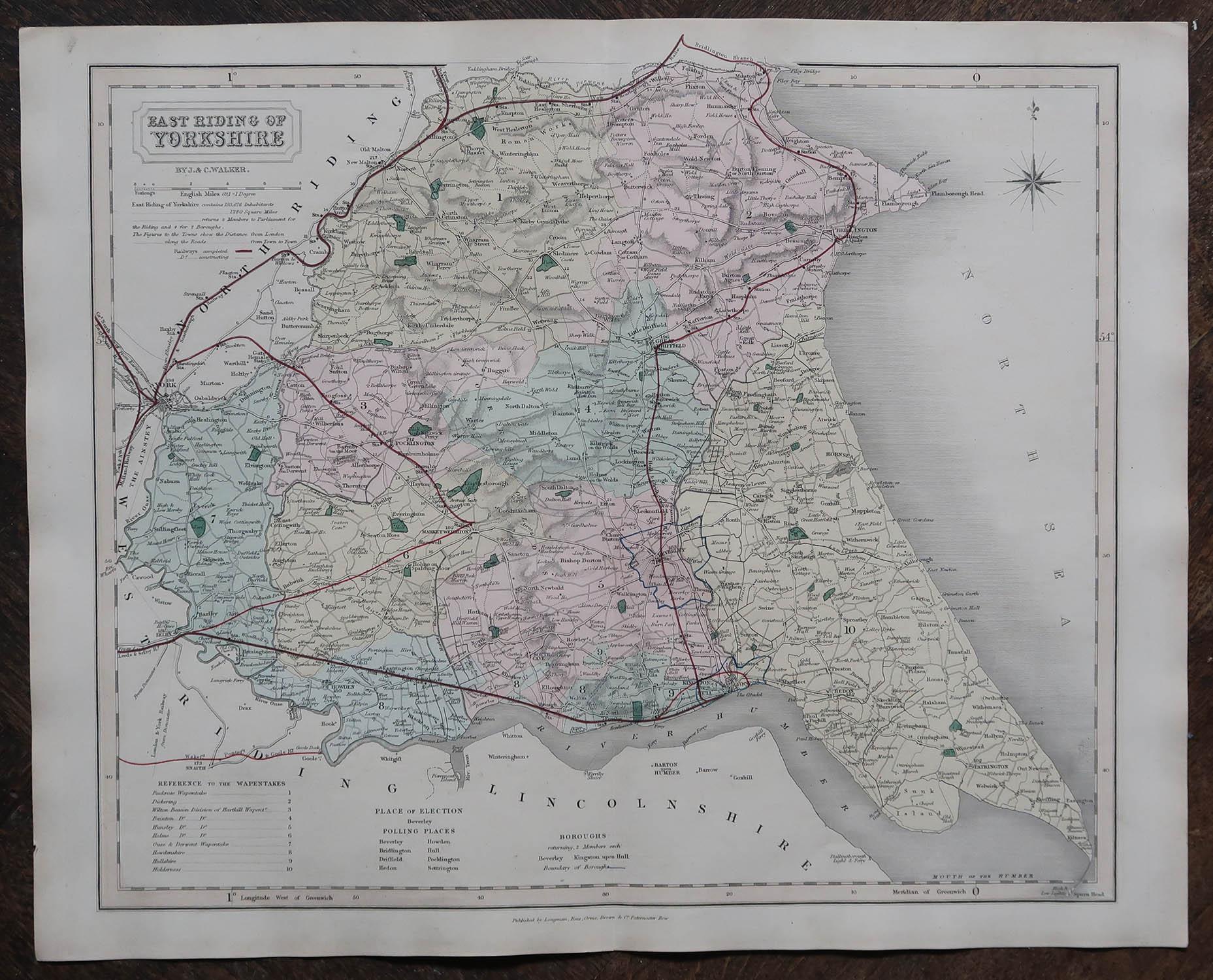 Anglais Carte originale et ancienne du comté d'Angleterre, East Yorkshire, J & C Walker, 1851 en vente