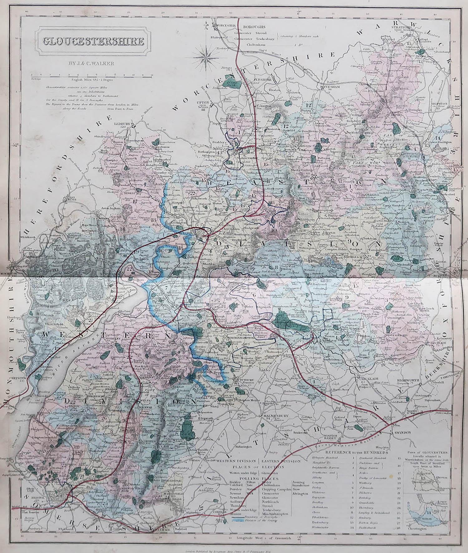 Great map of Gloucestershire

Original colour

By J & C Walker

Published by Longman, Rees, Orme, Brown & Co. 1851

Unframed.




