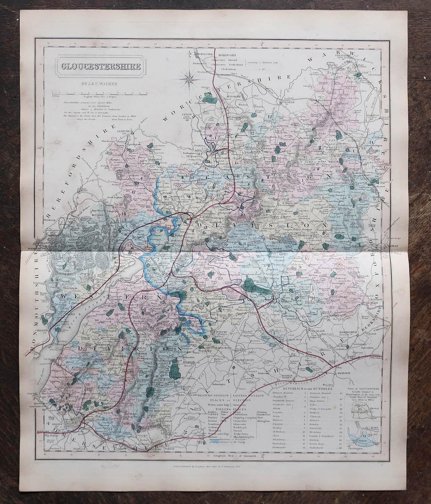 Antike englische Grafschaftskarte, Gloucestershire, J & C Walker, 1851 (Sonstiges) im Angebot