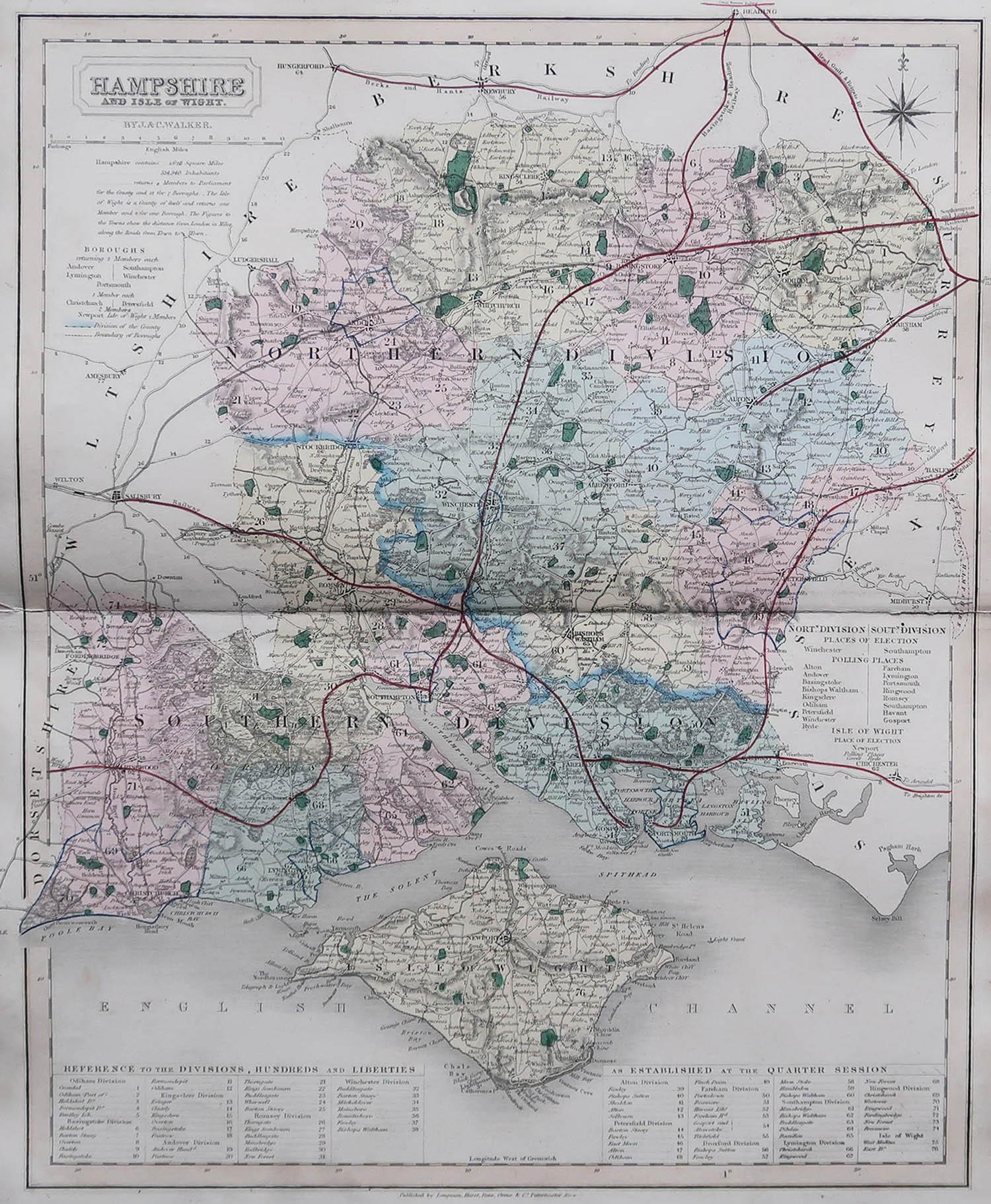 Great map of Hampshire

Original colour

By J & C Walker

Published by Longman, Rees, Orme, Brown & Co. 1851

Unframed.




