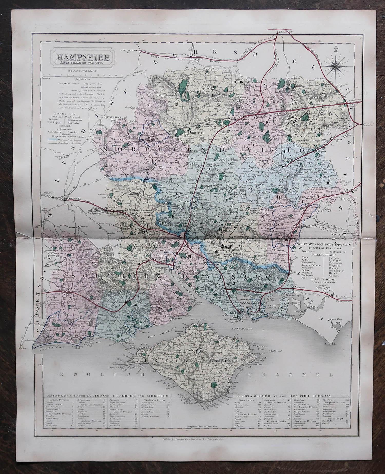 Autre Carte originale et ancienne du comté d'Angleterre, Hampshire, J & C Walker, 1851 en vente