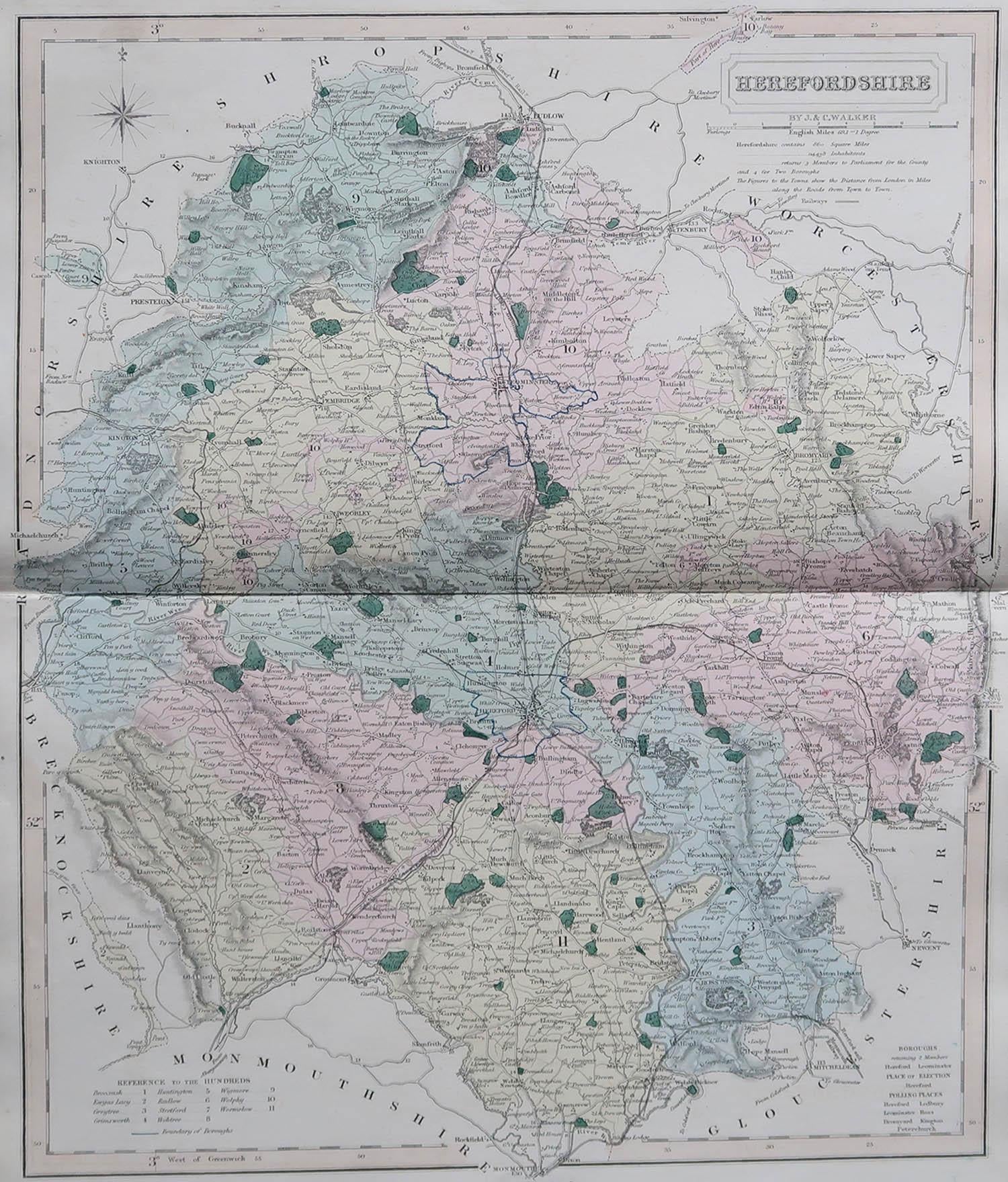 Great map of Herefordshire

Original colour

By J & C Walker

Published by Longman, Rees, Orme, Brown & Co. 1851

Unframed.




