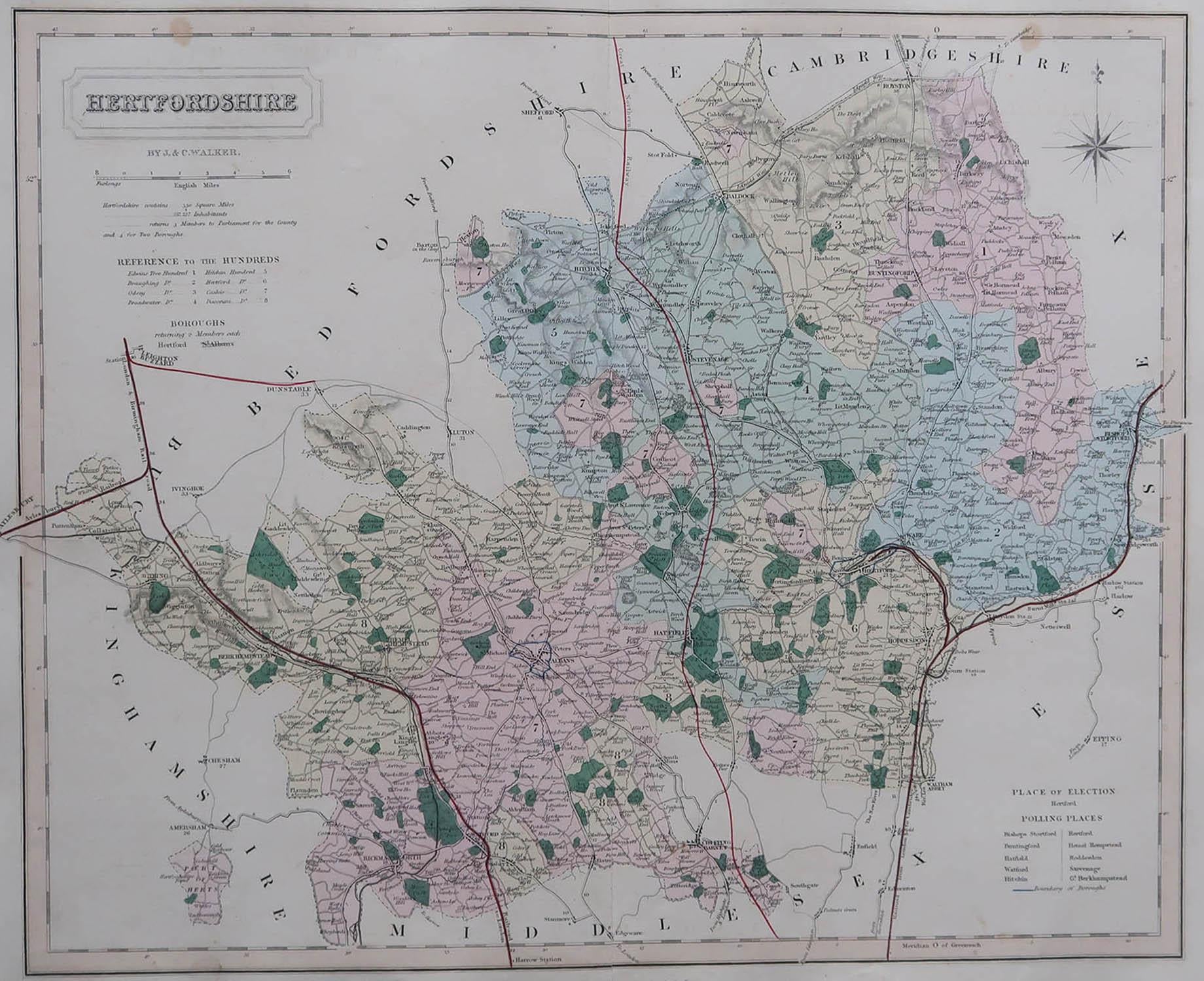 Great map of Hertfordshire

Original colour

By J & C Walker

Published by Longman, Rees, Orme, Brown & Co. 1851

Unframed.




