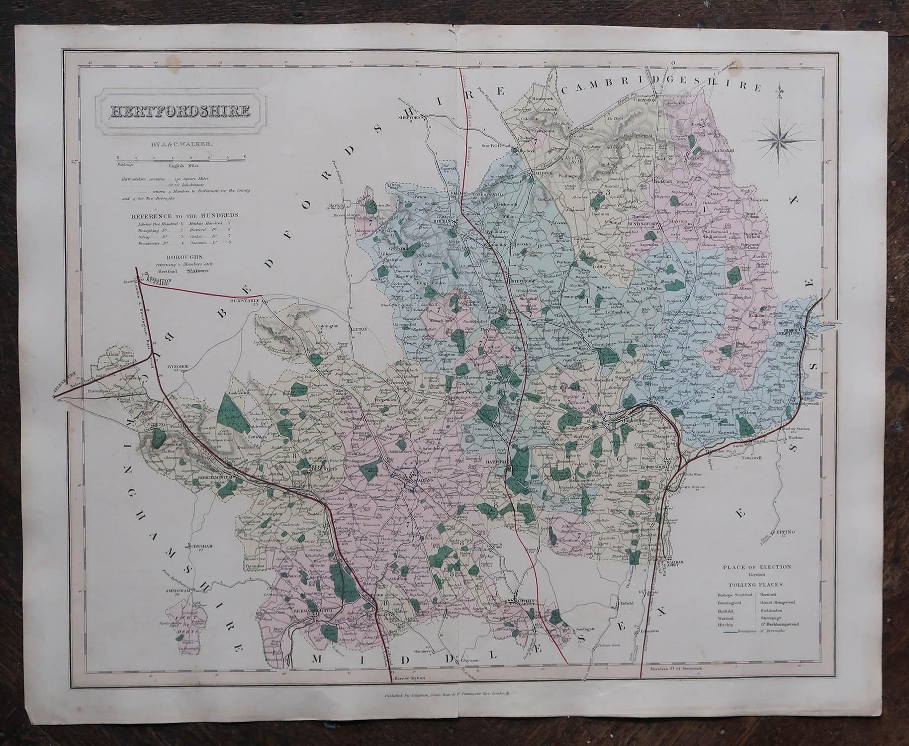 Antike englische Grafschaftskarte, Hertfordshire. J & C Walker, 1851, J. & C. (Sonstiges) im Angebot