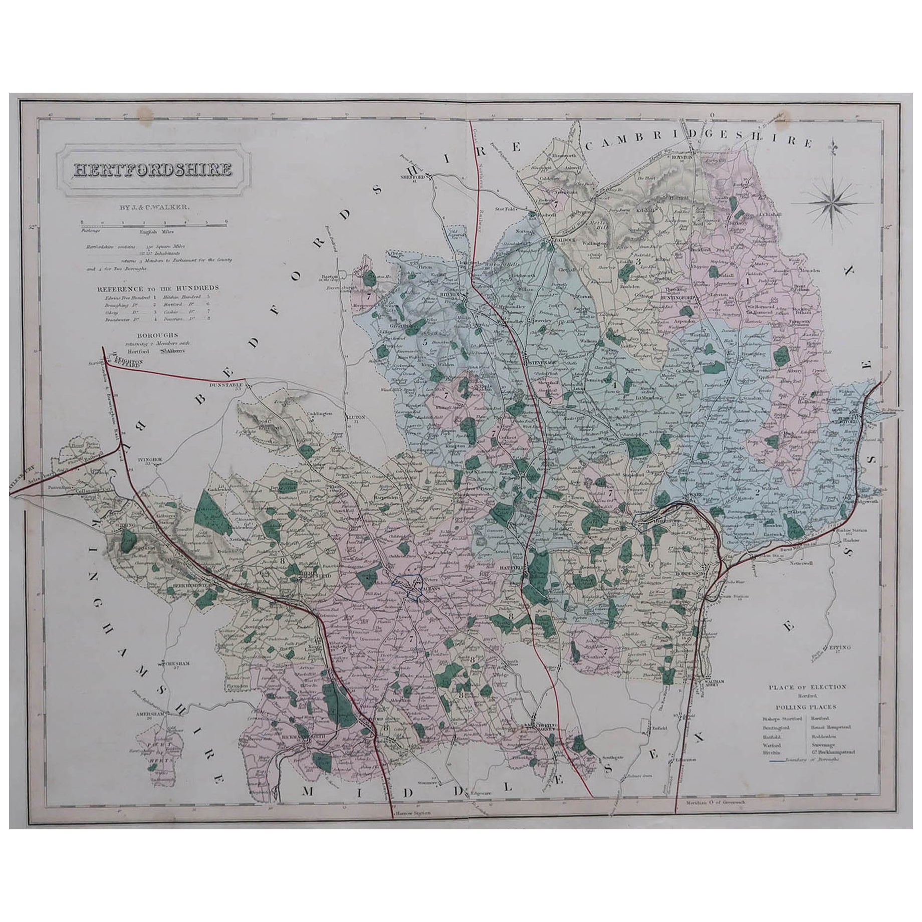 Mappa antica originale della contea inglese, Hertfordshire. J. & C. Walker, 1851