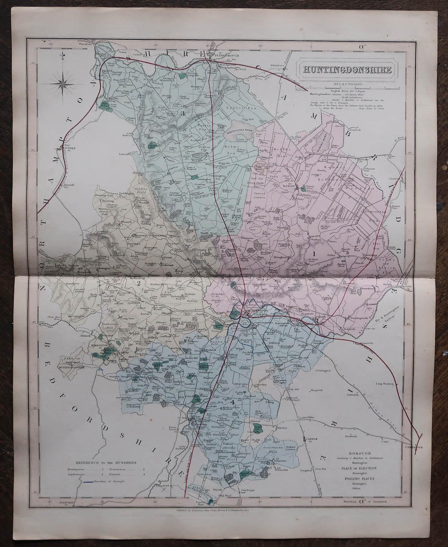 Antike englische Grafschaftskarte, Huntingdonshire, J & C Walker, 1851 (Sonstiges) im Angebot