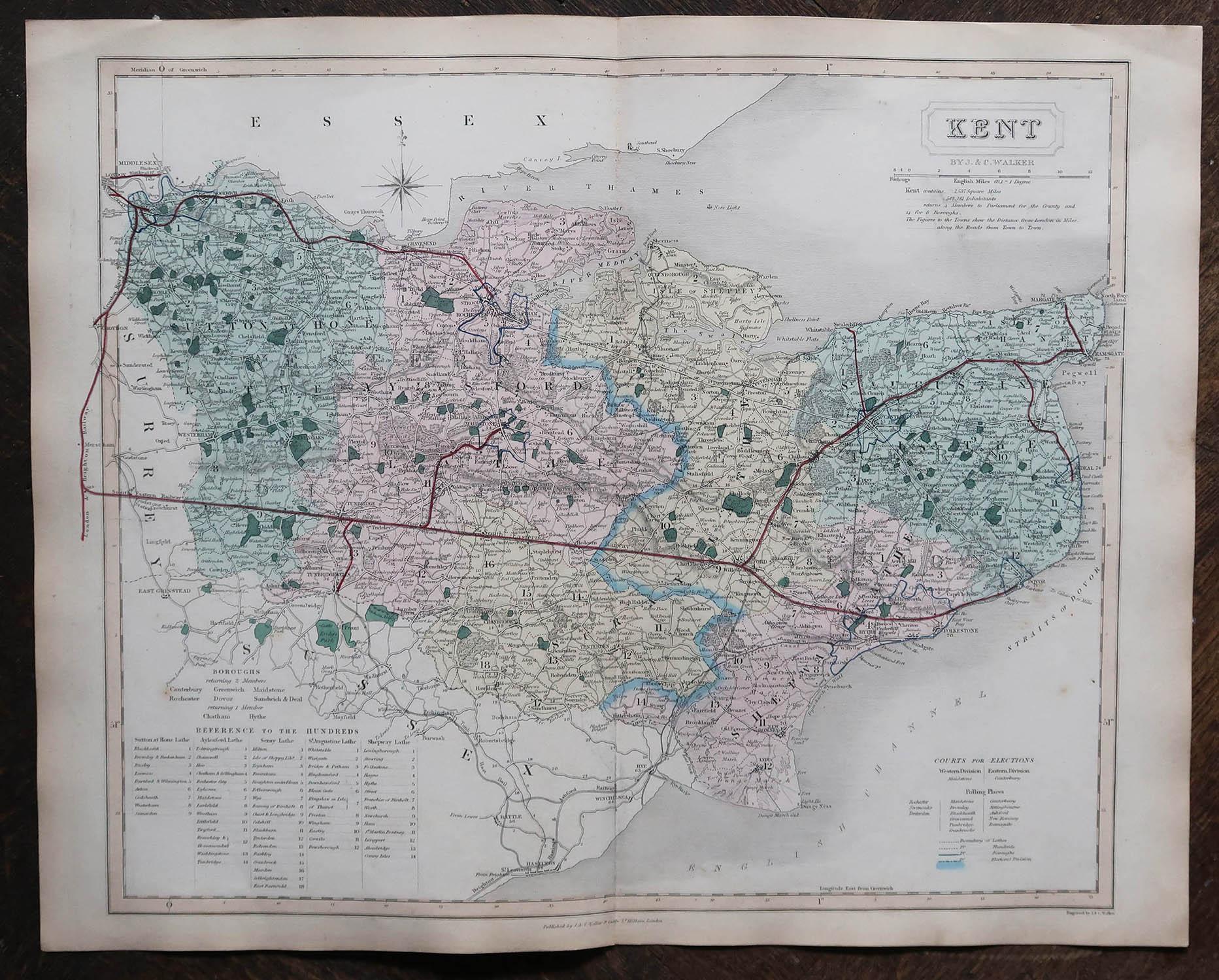 Autre Carte originale ancienne du comté d'Angleterre, Kent. J & C Walker, 1851 en vente