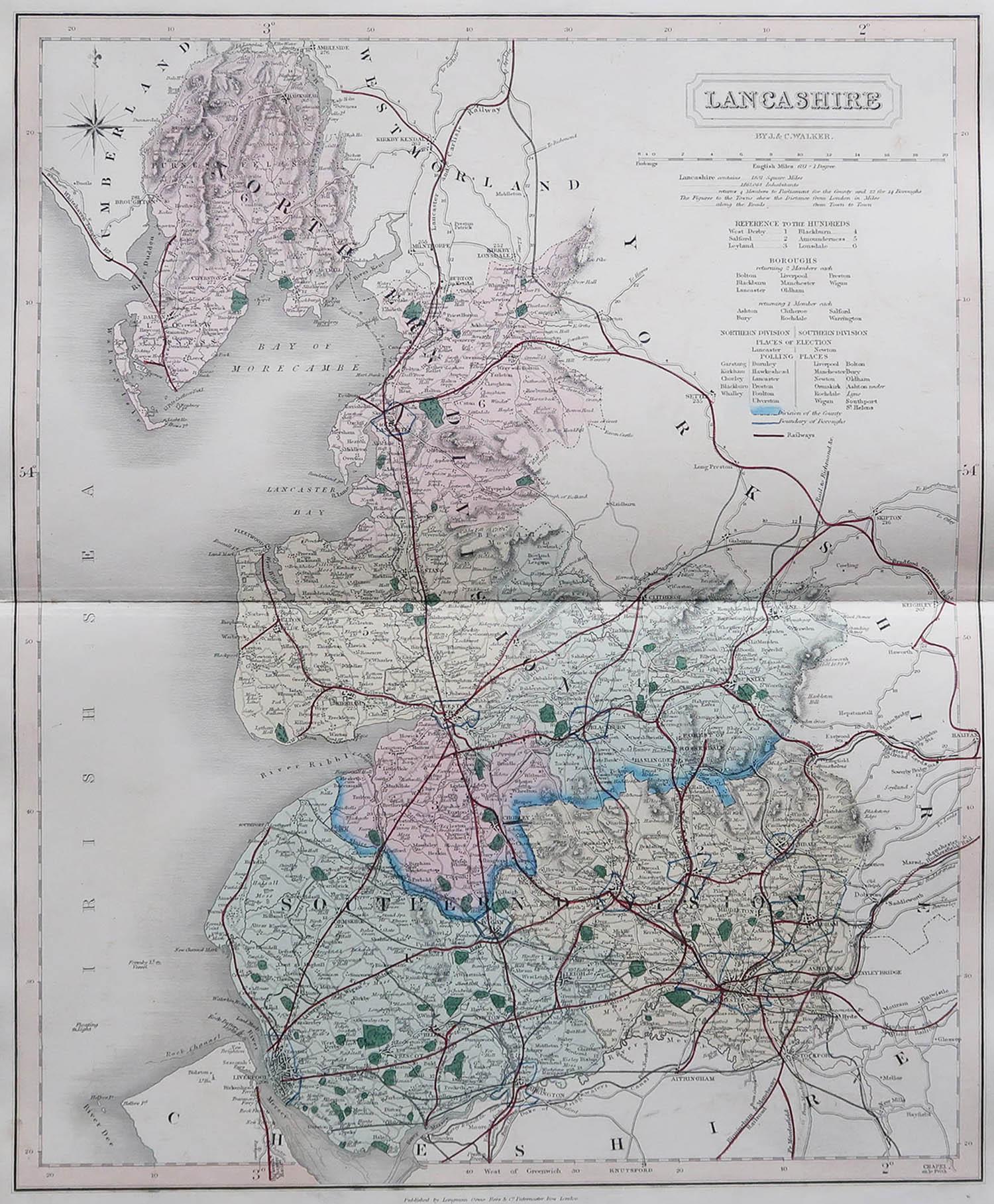 Great map of Lancashire

Original colour

By J & C Walker

Published by Longman, Rees, Orme, Brown & Co. 1851

Unframed.





