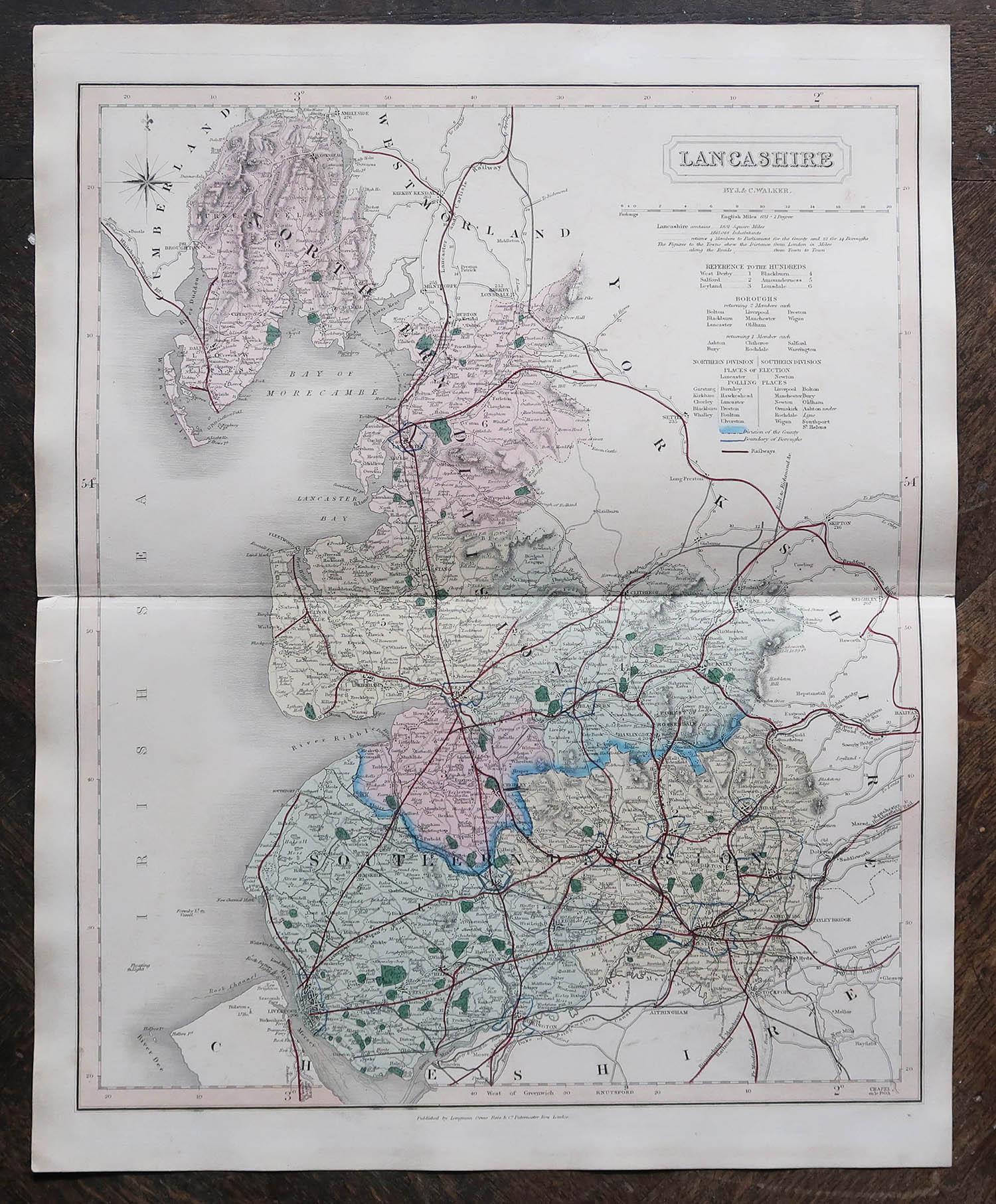 Anglais Carte originale et ancienne du comté d'Angleterre, Lancashire, J & C Walker, 1851 en vente