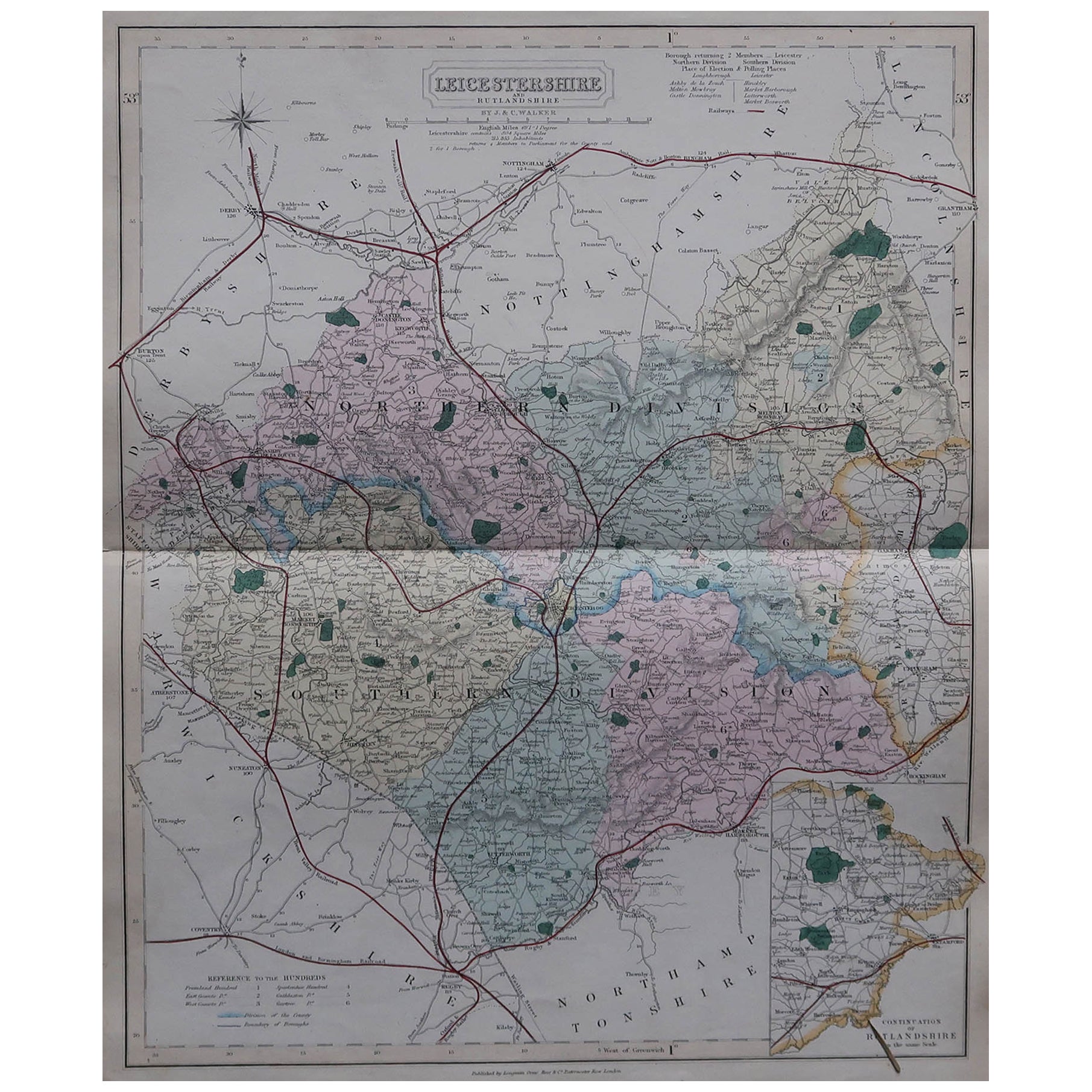Mapa original antiguo del condado inglés de Leicestershire, J & C Walker, 1851