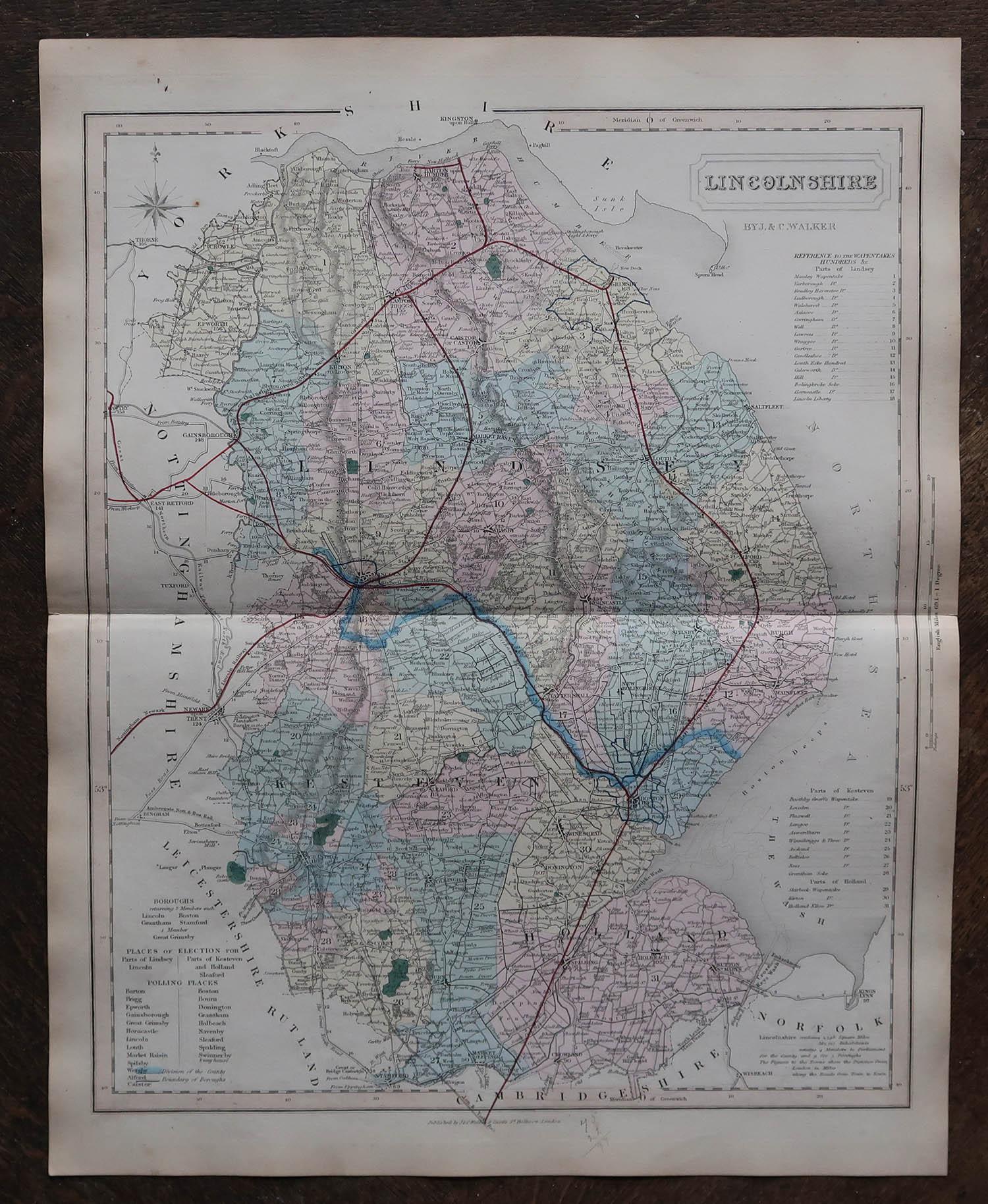 Antike englische Grafschaftskarte, Lincolnshire, J & C Walker, 1851 (Sonstiges) im Angebot