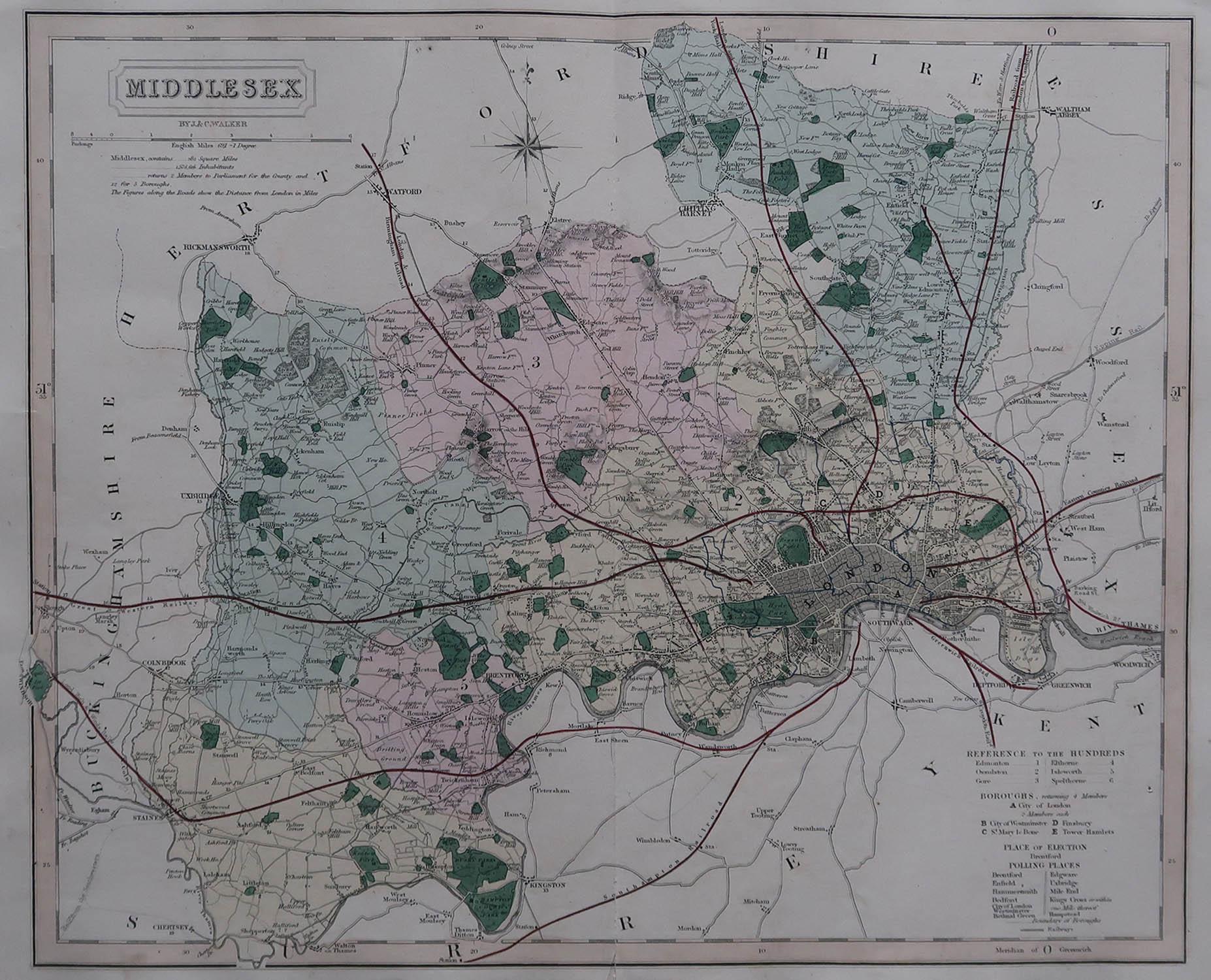 Great map of Middlesex

Original colour

By J & C Walker

Published by Longman, Rees, Orme, Brown & Co. 1851

Unframed.




