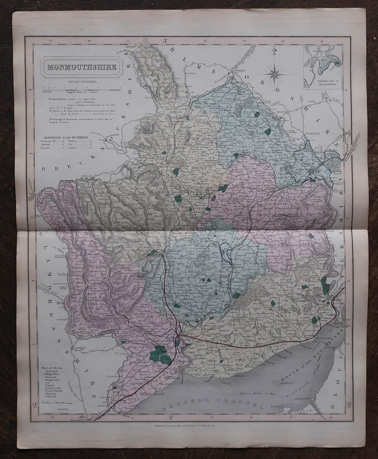 Antike englische Grafschaftskarte aus Monmouthshire. J & C. Walker. 1851. (Englisch) im Angebot