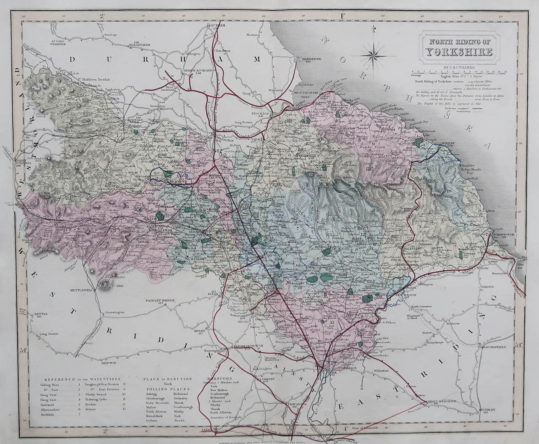 Great map of North Yorkshire

Original colour

By J & C Walker

Published by Longman, Rees, Orme, Brown & Co. 1851

Unframed.




