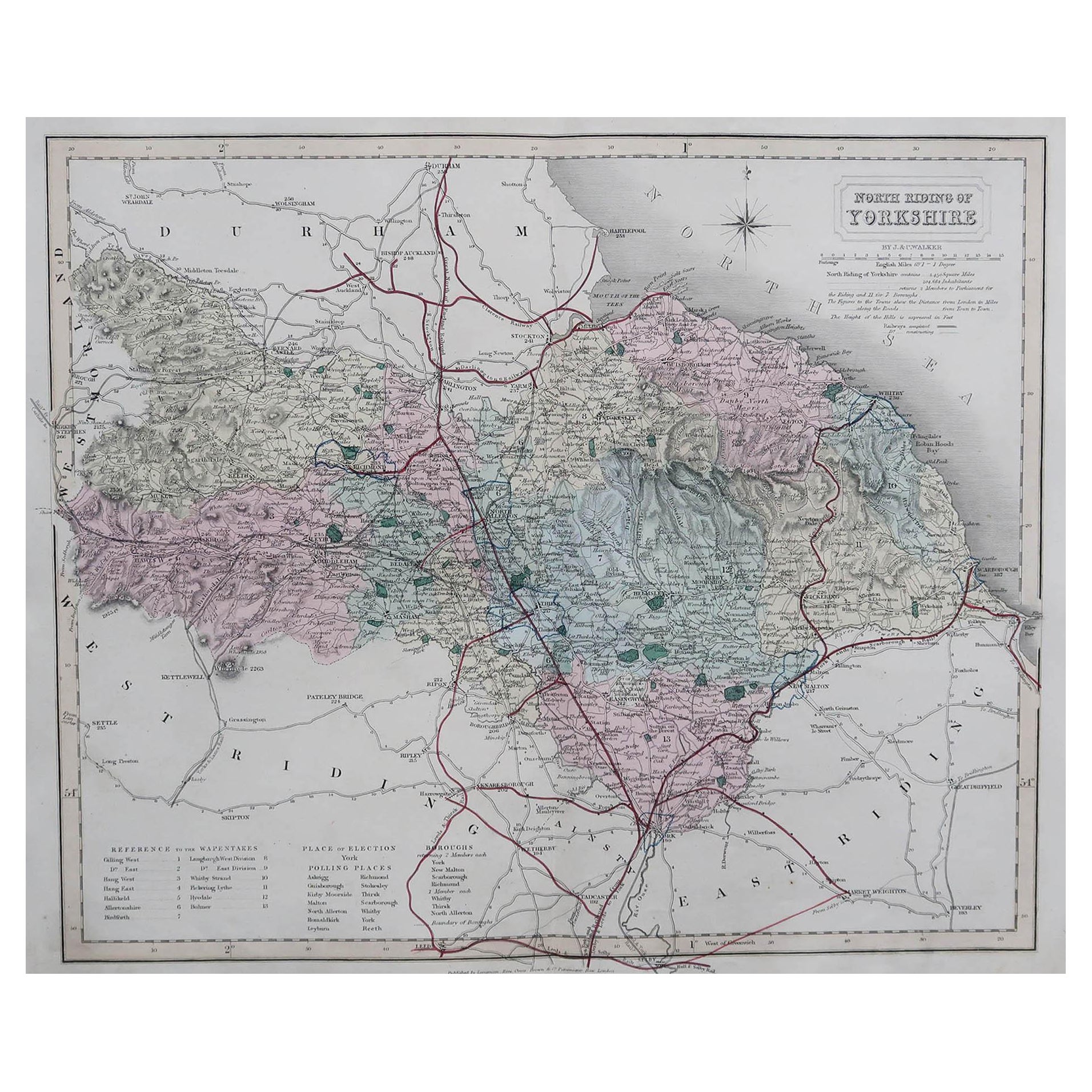 Mapa original antiguo del condado inglés de North Yorkshire, J & C Walker, 1851