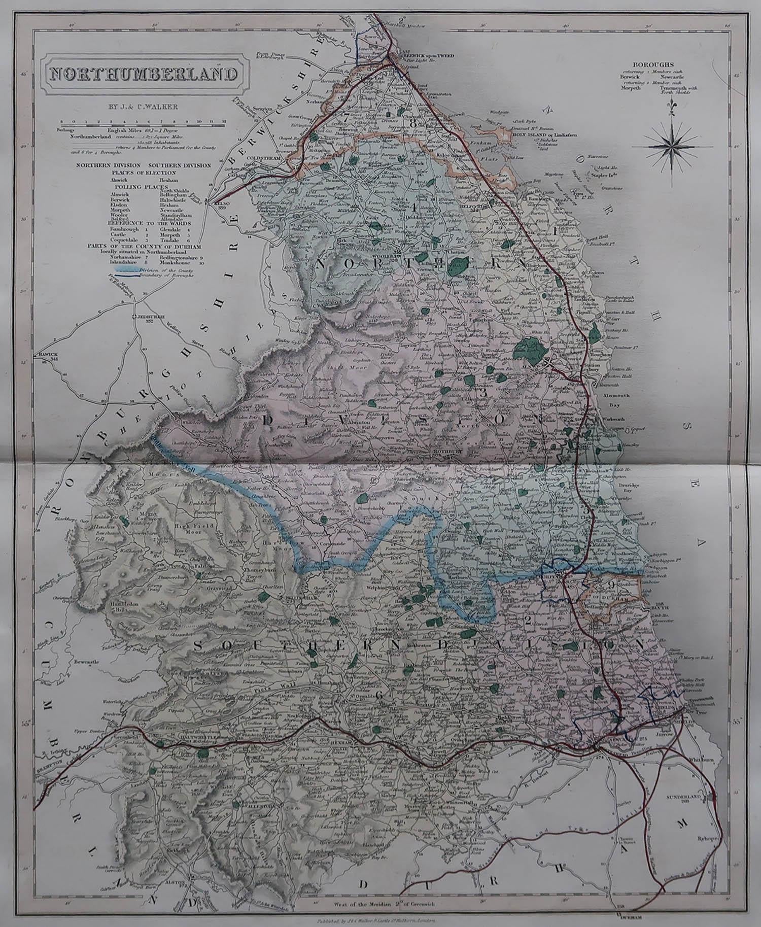 Great map of Northumberland

Original colour

By J & C Walker

Published by Longman, Rees, Orme, Brown & Co. 1851

Unframed.




