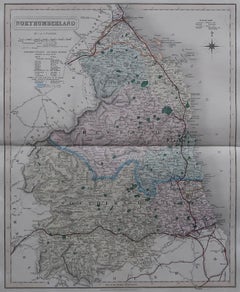 Original Antique English County Map, Northumberland, J & C Walker, 1851