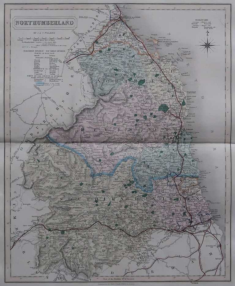 Original Antique English County Map, Northumberland, J and C Walker ...