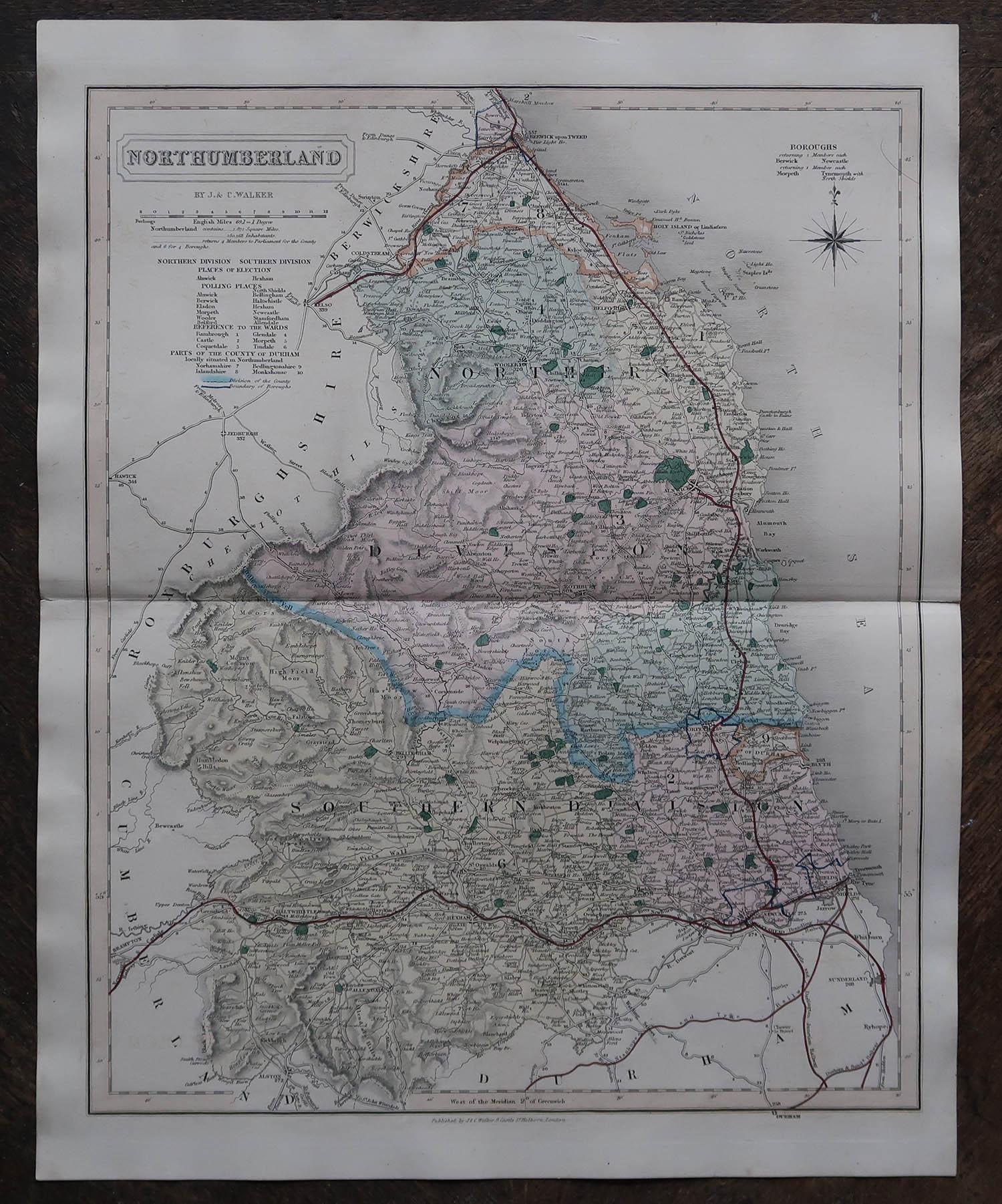 Antike englische Grafschaftskarte, Northumberland, J & C Walker, 1851 (Sonstiges) im Angebot