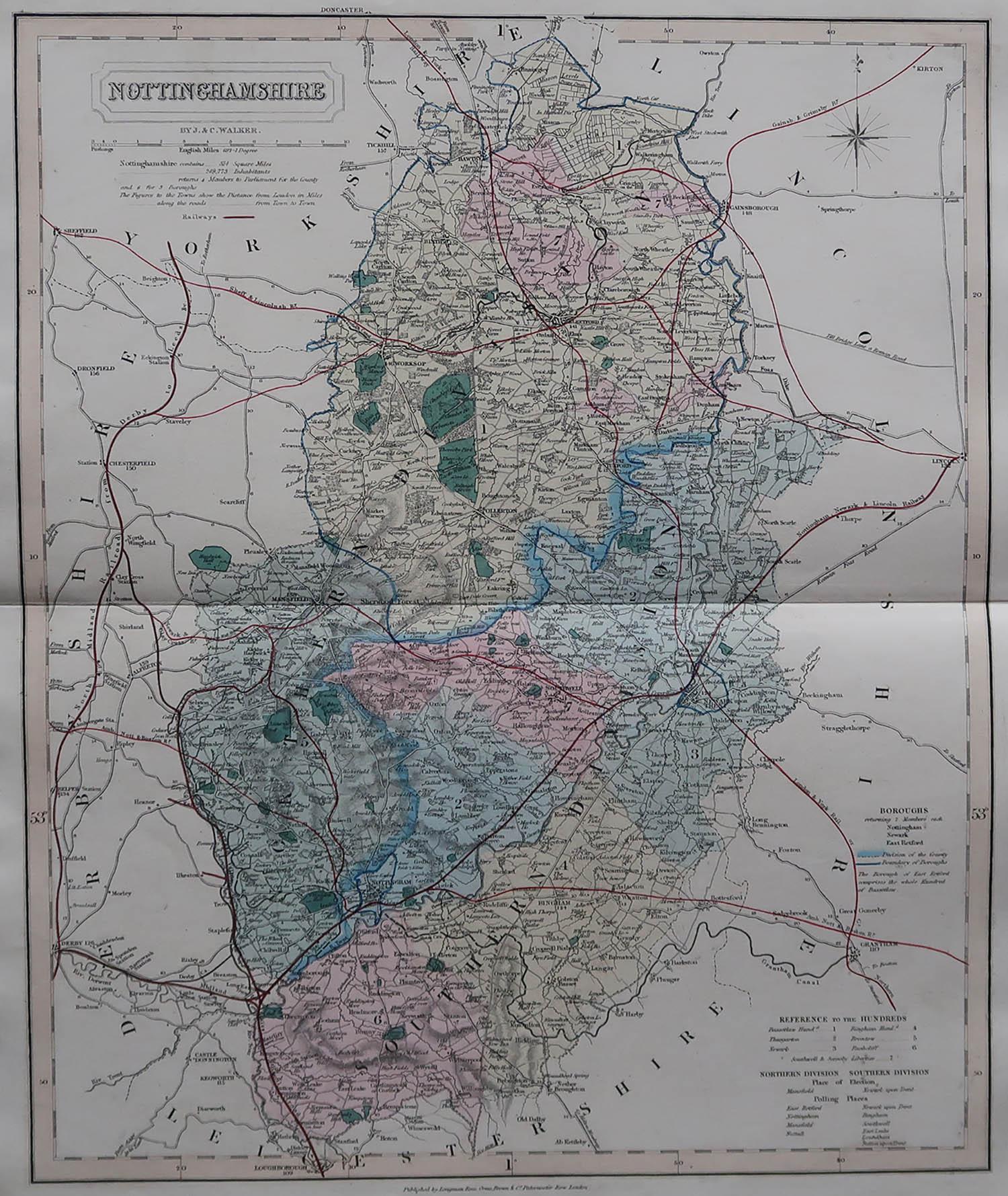Great map of Nottinghamshire

Original colour

By J & C Walker

Published by Longman, Rees, Orme, Brown & Co. 1851

Unframed.




