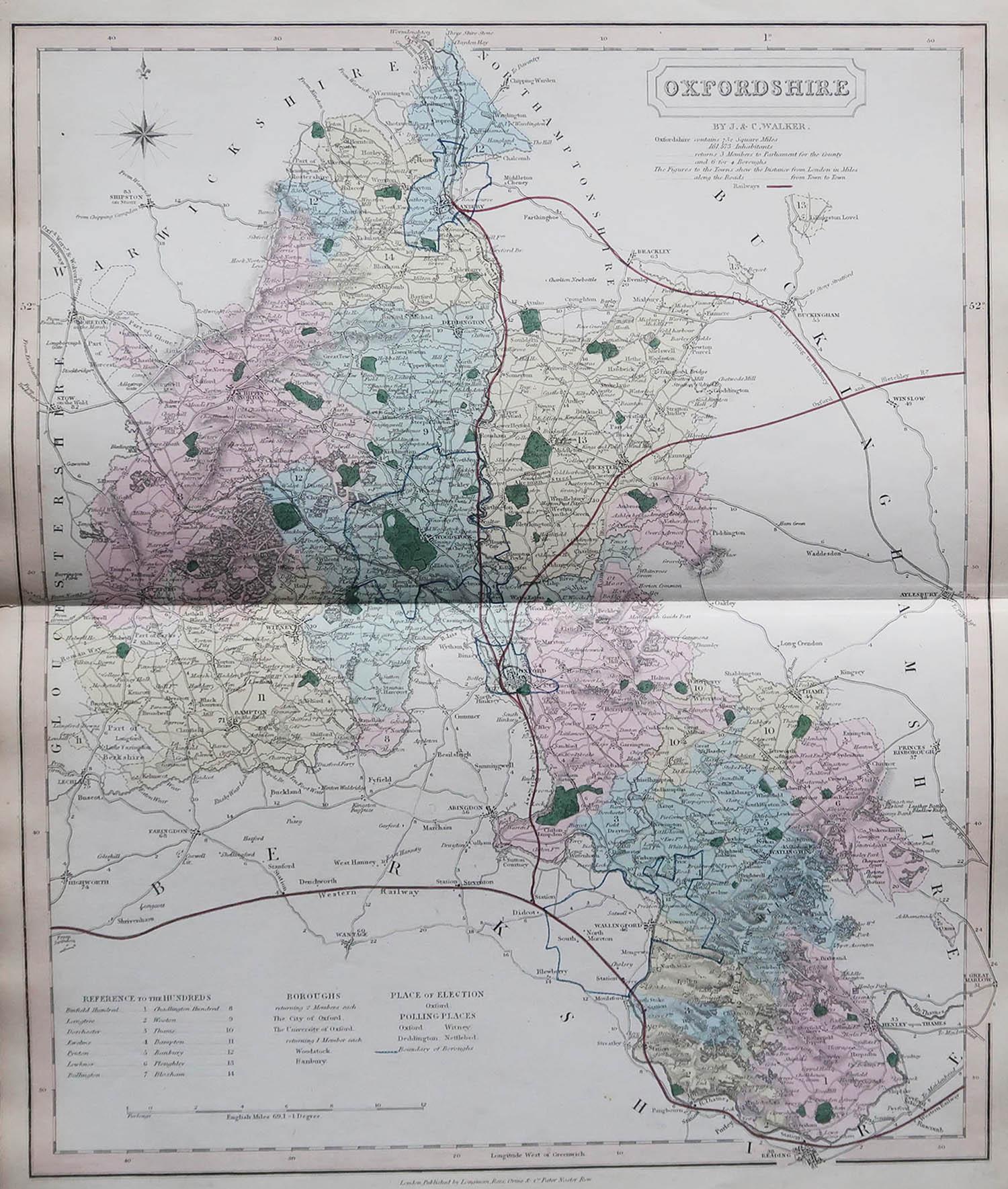 Great map of Oxfordshire

Original colour

By J & C Walker

Published by Longman, Rees, Orme, Brown & Co. 1851

Unframed.




