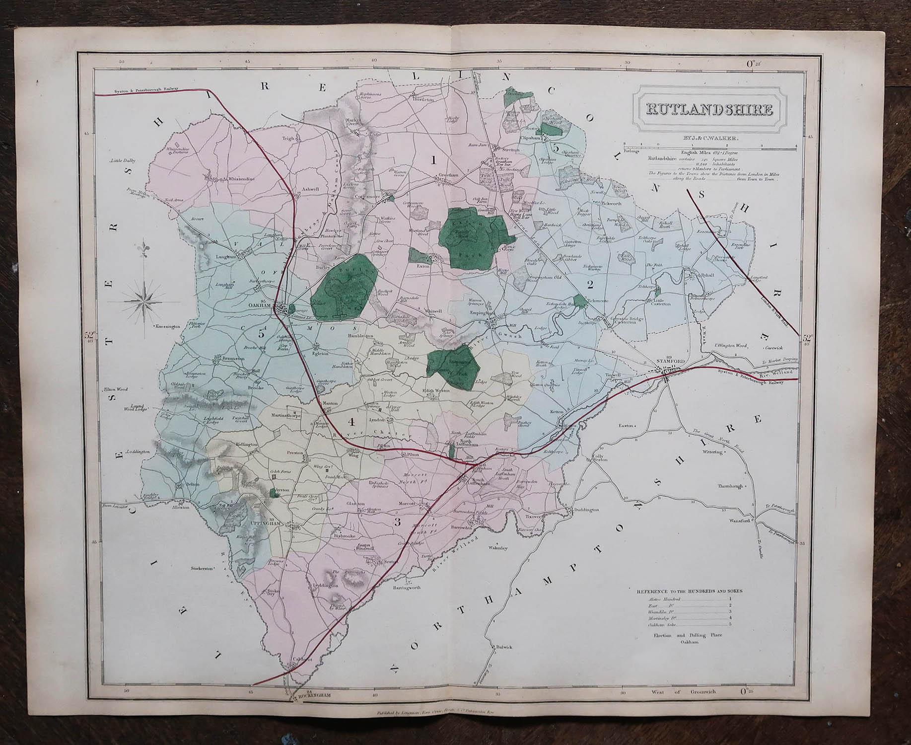 Antike englische Grafschaftskarte, Rutland, J & C Walker, 1851 (Sonstiges) im Angebot