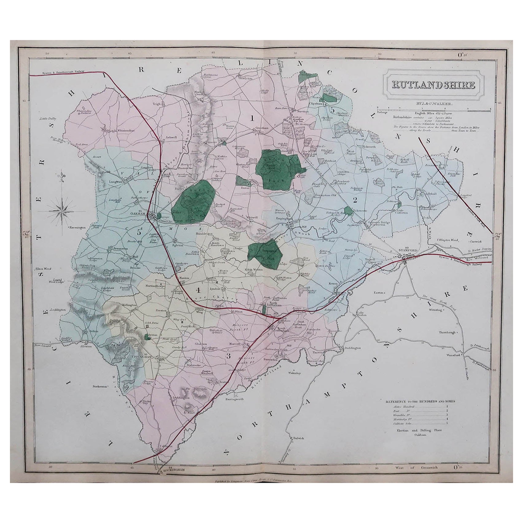 Mapa original antiguo del condado inglés de Rutland, J & C Walker, 1851