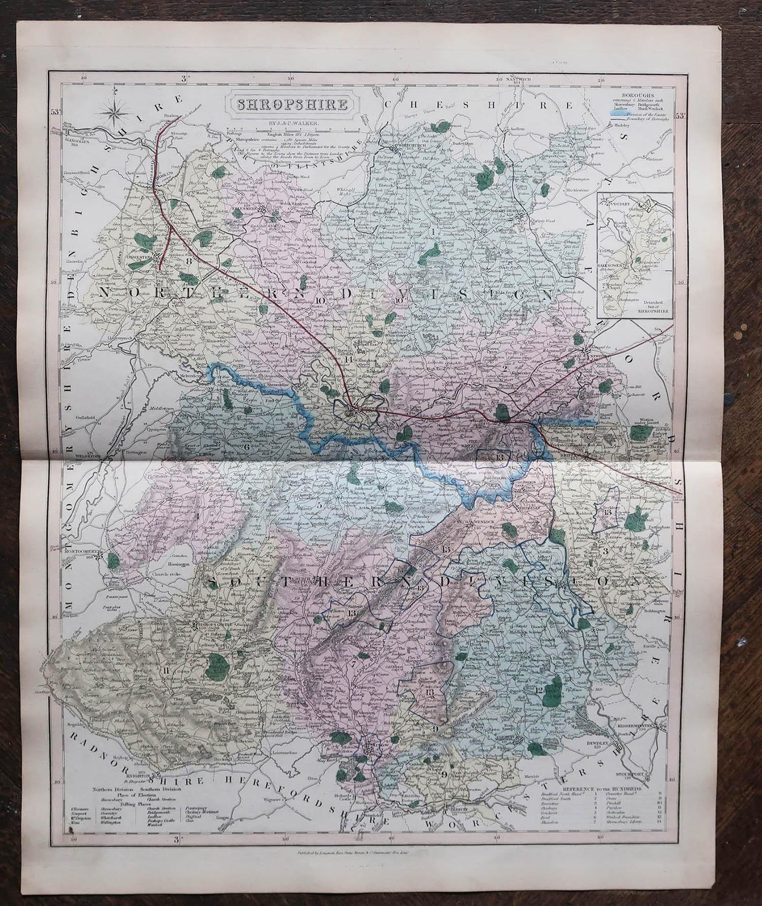Antike englische Grafschaftskarte, Shropshire. J & C Walker, 1851, J. & C. (Sonstiges) im Angebot