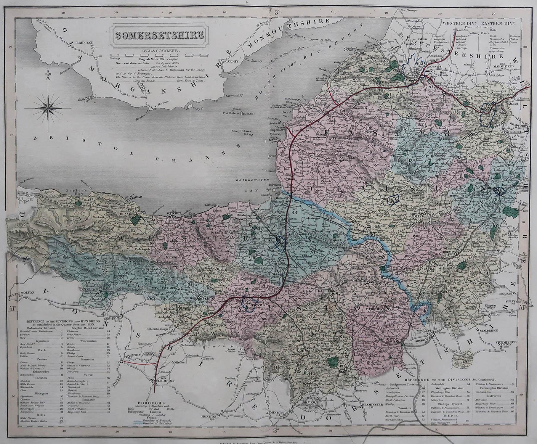 Great map of Somerset

Original colour

By J & C Walker

Published by Longman, Rees, Orme, Brown & Co. 1851

Unframed.




