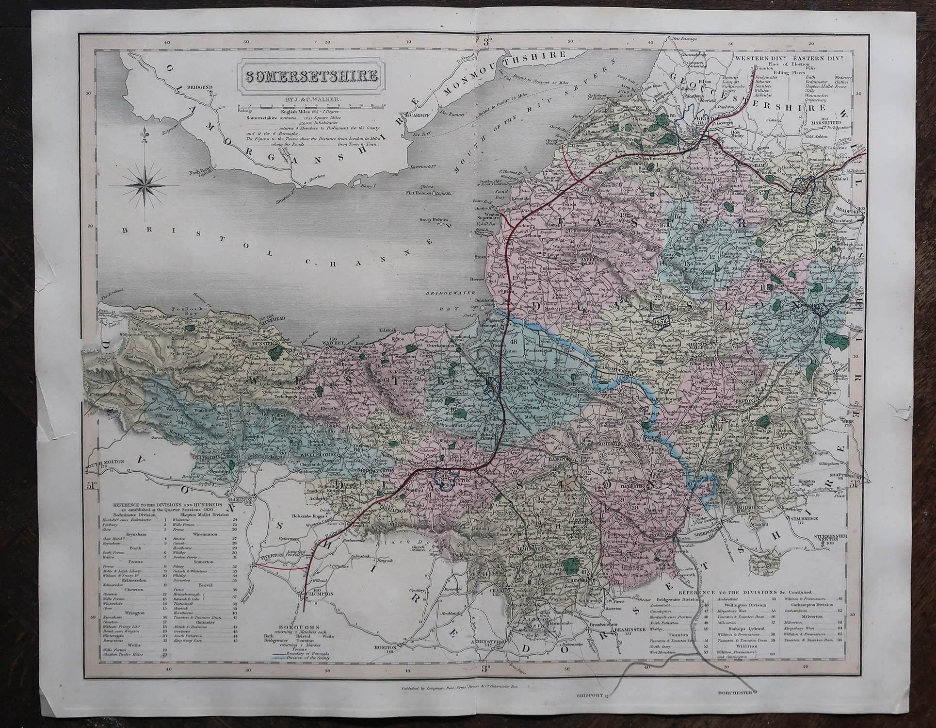 Mapa original antiguo del condado inglés de Somerset. J & C Walker, 1851 Otro