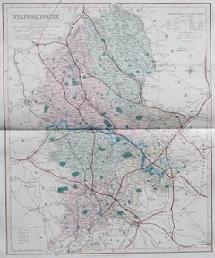 Original Antique English County Map, Staffordshire, J & C Walker, 1851
