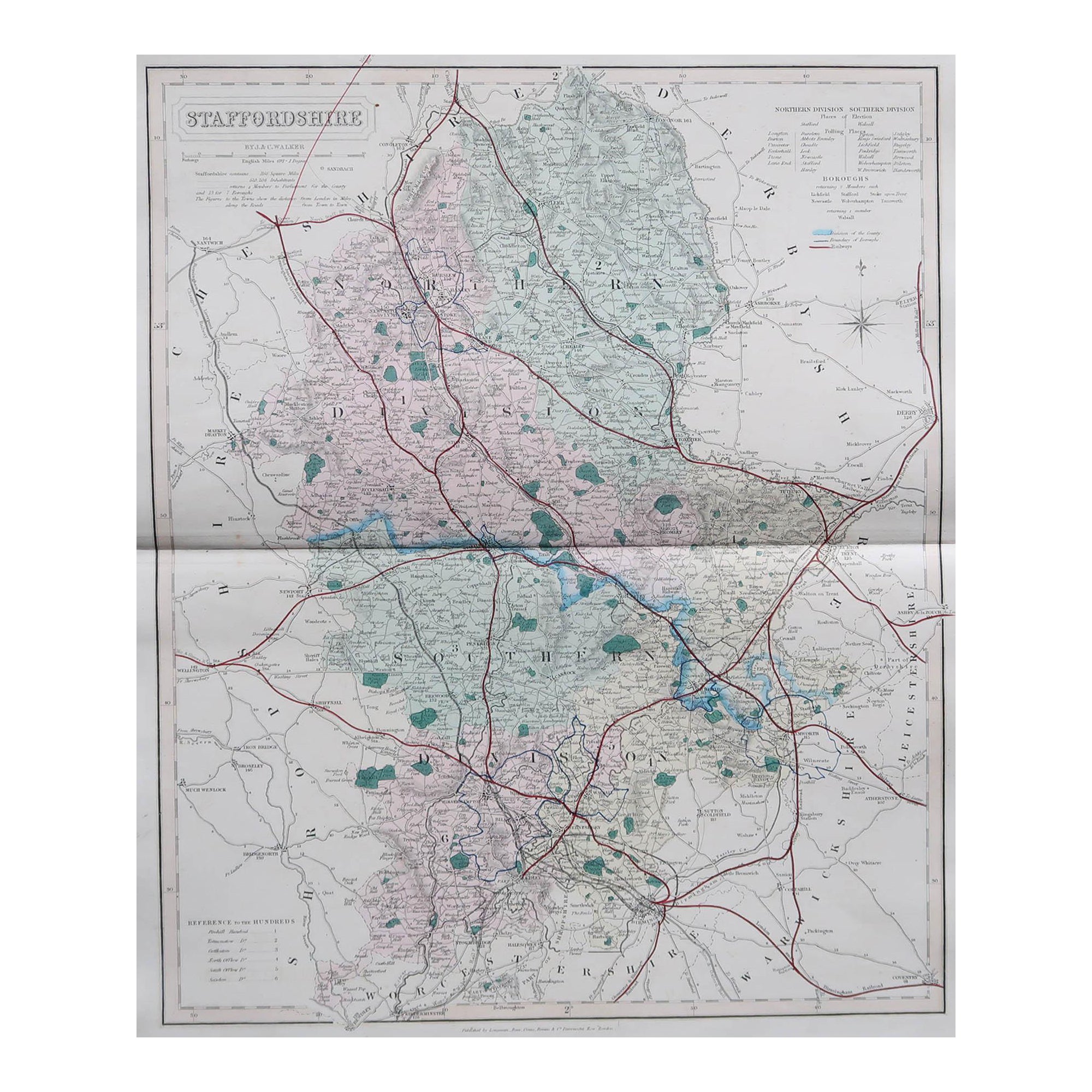 Mapa original antiguo del condado inglés de Staffordshire, J & C Walker, 1851