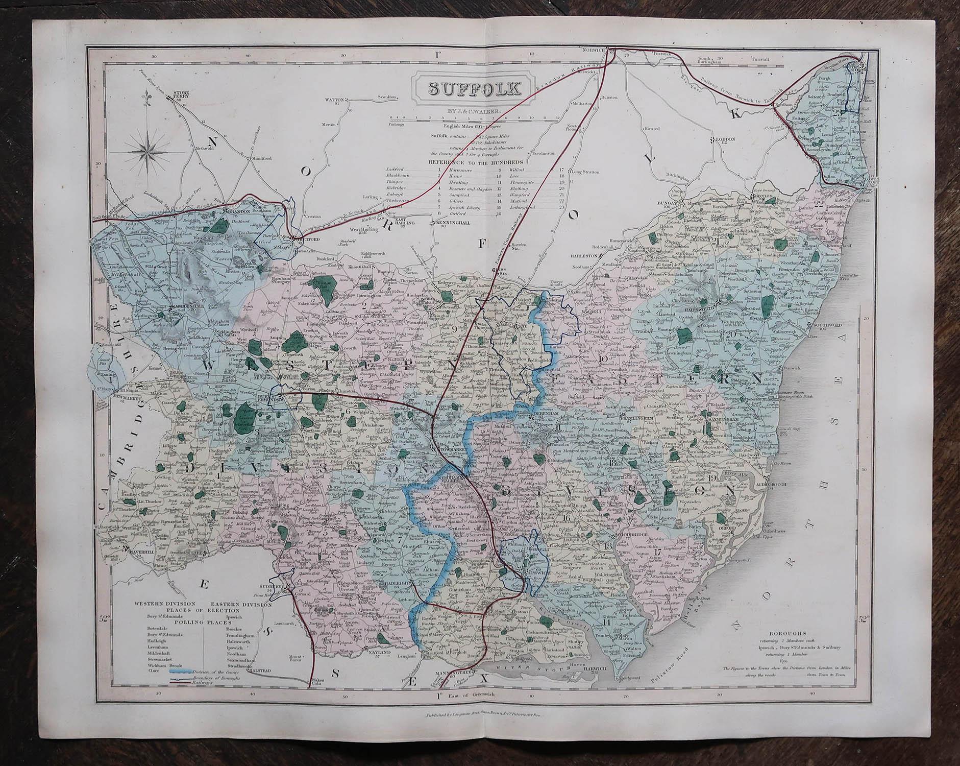Antike englische Grafschaftskarte, Suffolk, J & C Walker, 1851 (Sonstiges) im Angebot