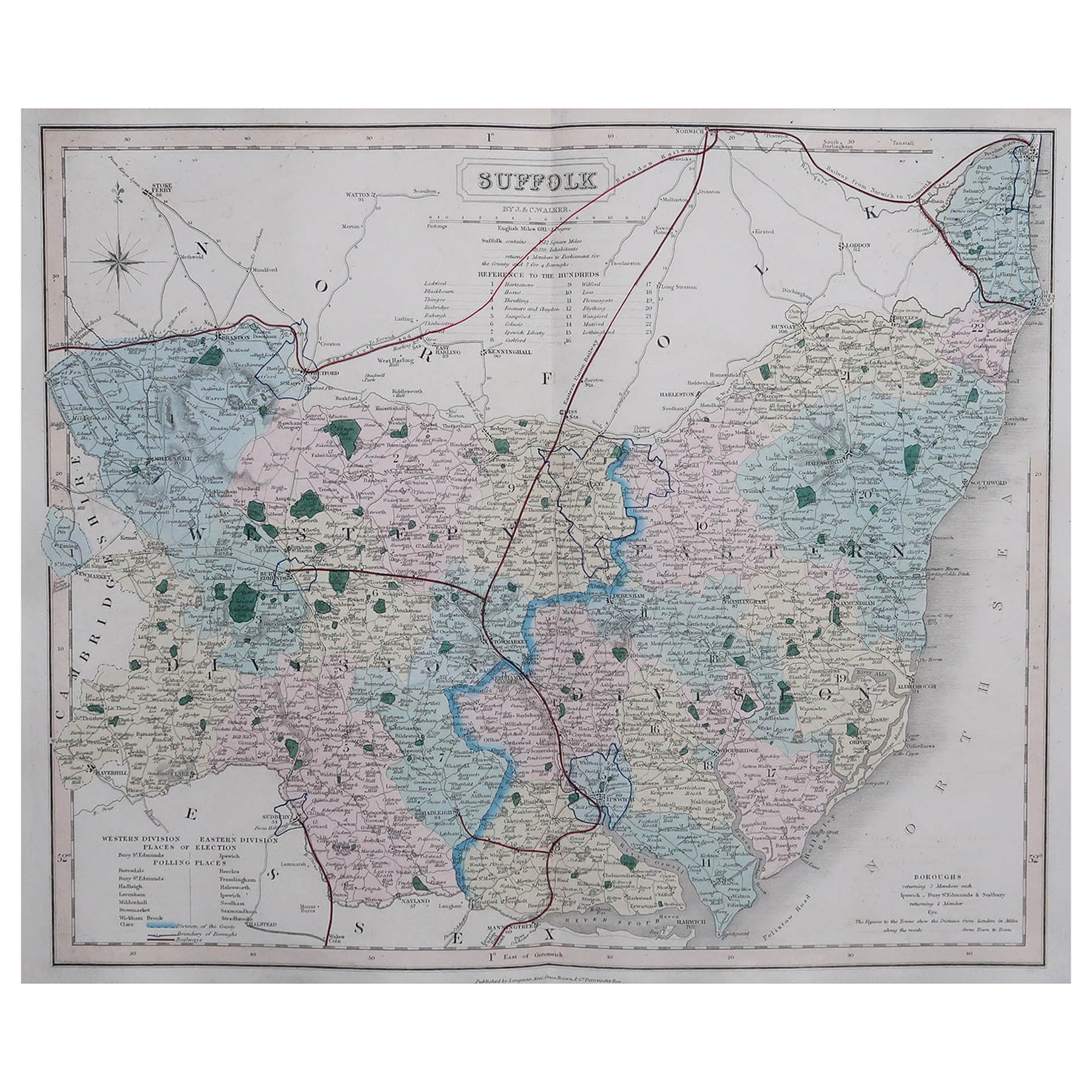 Mapa original antiguo del condado inglés de Suffolk, J & C Walker, 1851