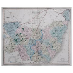 Mapa original antiguo del condado inglés de Suffolk, J & C Walker, 1851