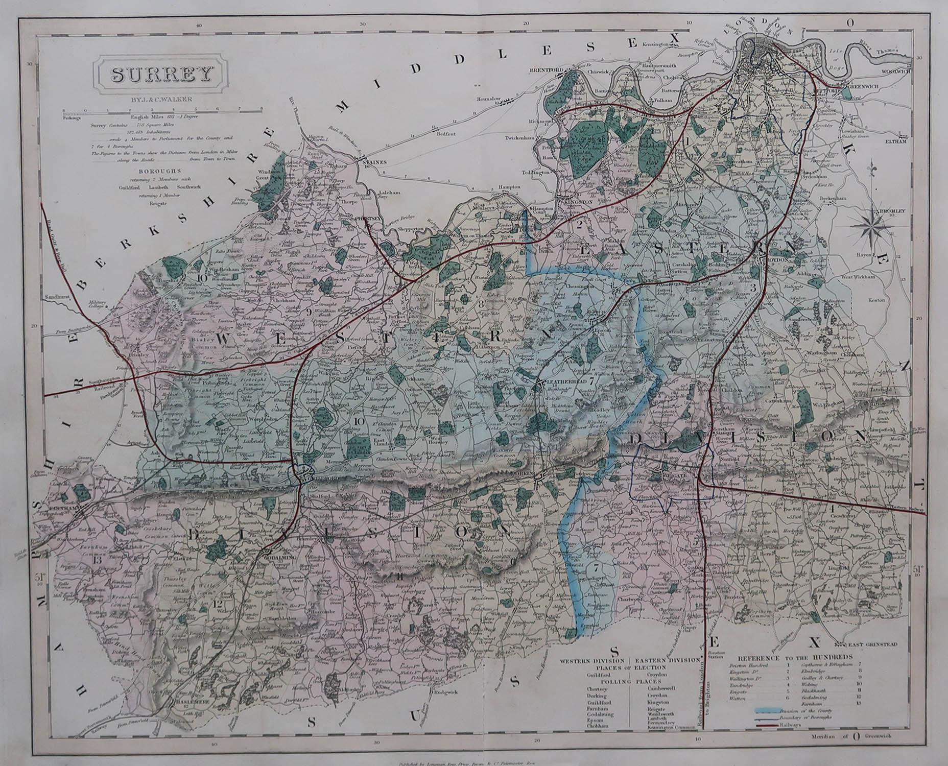Great map of Surrey

Original colour

By J & C Walker

Published by Longman, Rees, Orme, Brown & Co. 1851

Unframed.




