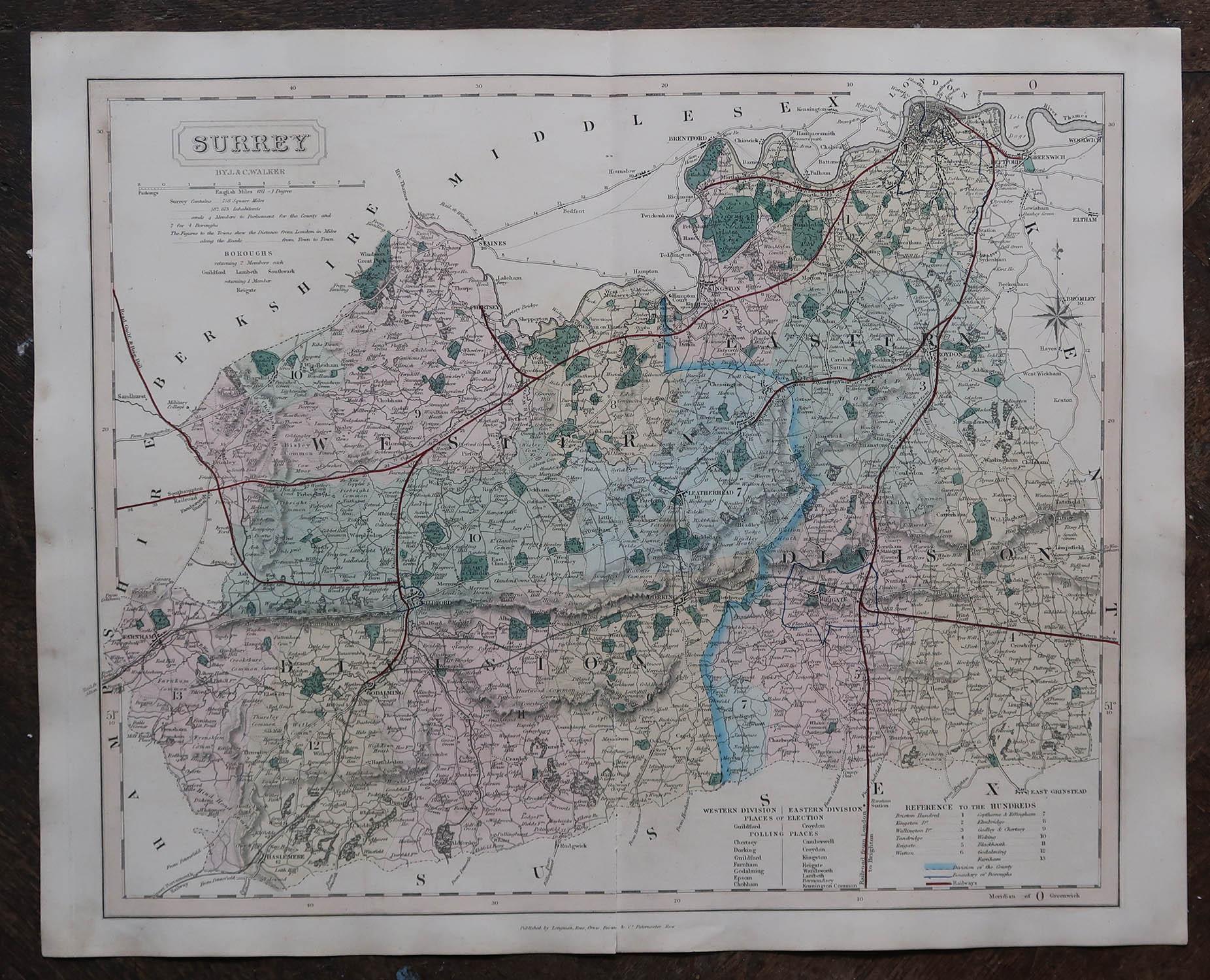 Antike englische Grafschaftskarte aus Surrey. J & C. Walker. 1851. (Sonstiges) im Angebot
