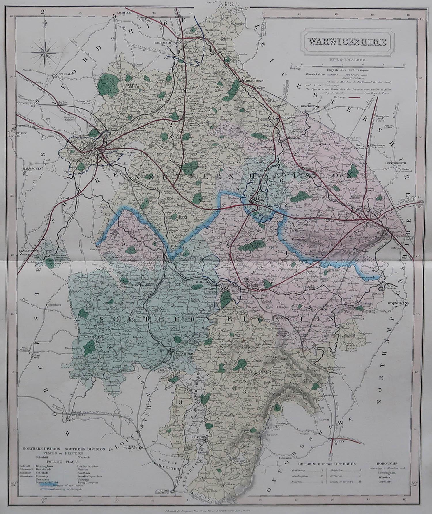 Great map of Warwickshire

Original colour

By J & C Walker

Published by Longman, Rees, Orme, Brown & Co. 1851

Unframed.




