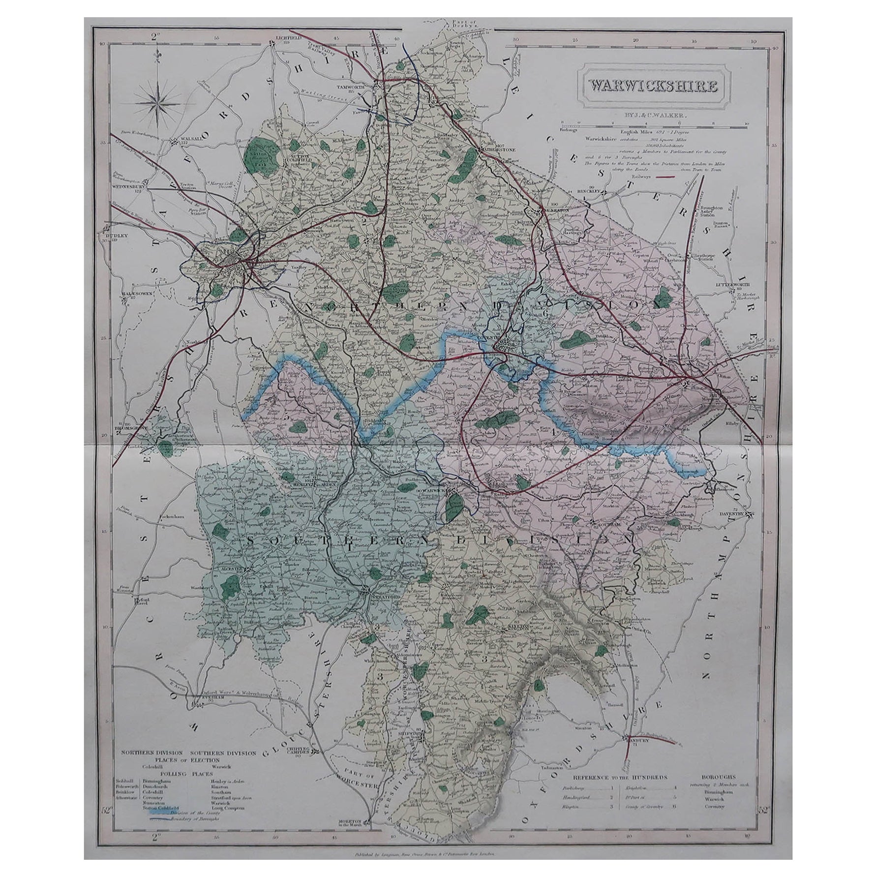 Mapa original antiguo del condado inglés de Warwickshire, J & C Walker, 1851