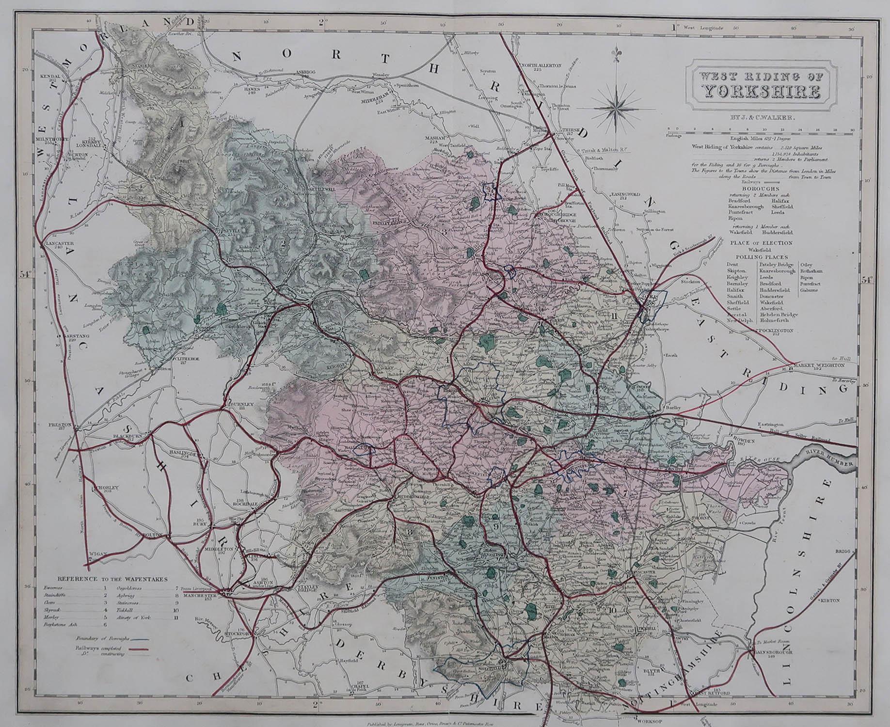 Great map of The West Riding of Yorkshire

Original colour

By J & C Walker

Published by Longman, Rees, Orme, Brown & Co. 1851

Unframed.




