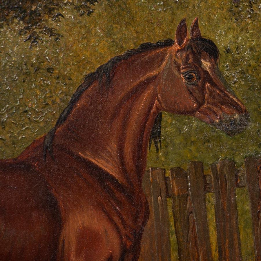 Painted Original Antique English Oil Painting of Horses