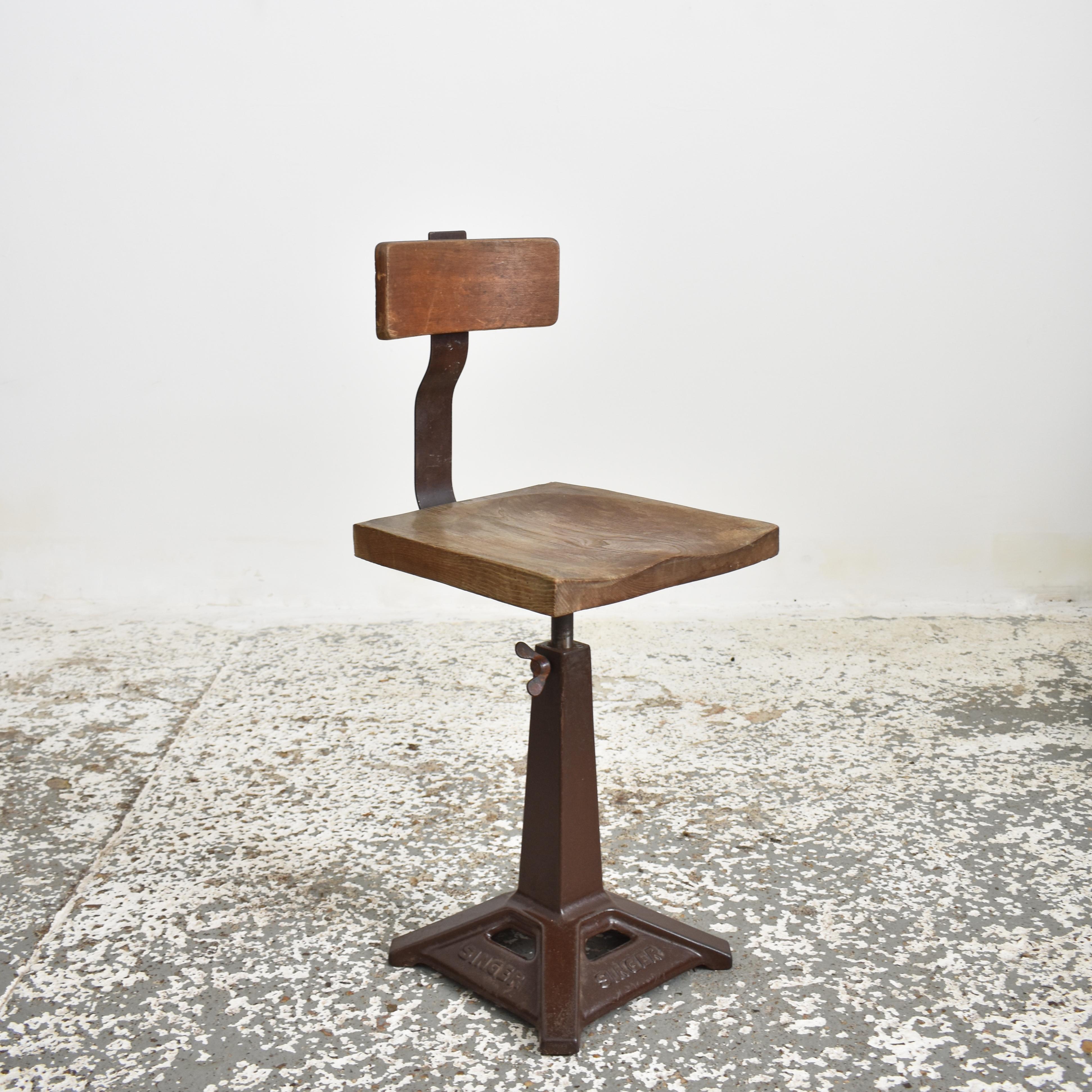 Industrial Original Antique English Vintage Singer Desk Swivel Chair For Sale
