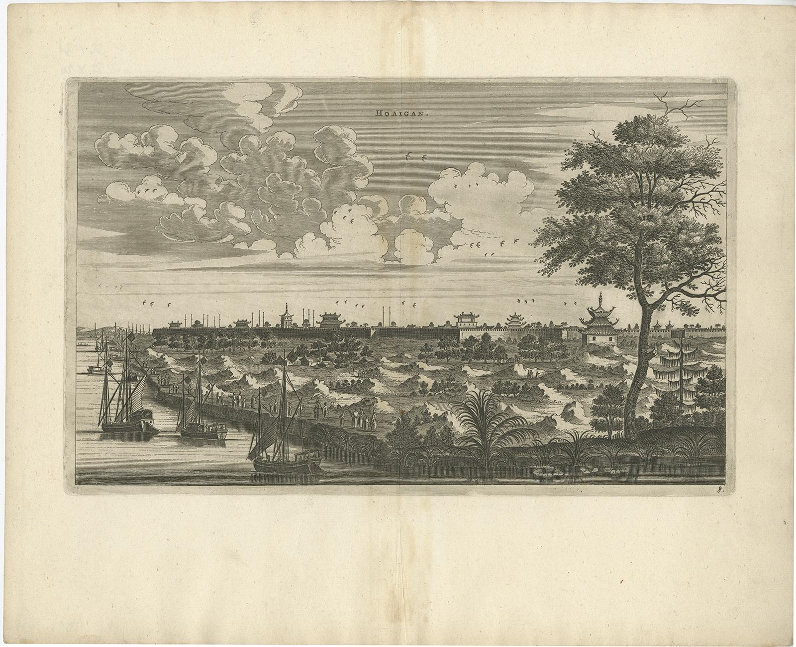 Antique print China titled 'Hoaigan'. Old print depicting a view on the Chinese city of Hoaigan with its ramparts. This print originates from the Latin edition of Nieuhof's work titled 'Legatio batavica ad magnum Tartariæ chamum Sungteium