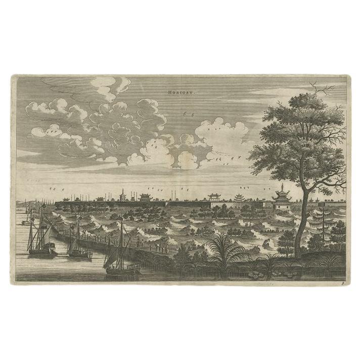 Stampa antica originale della città di Hoaigan in Cina, 1668